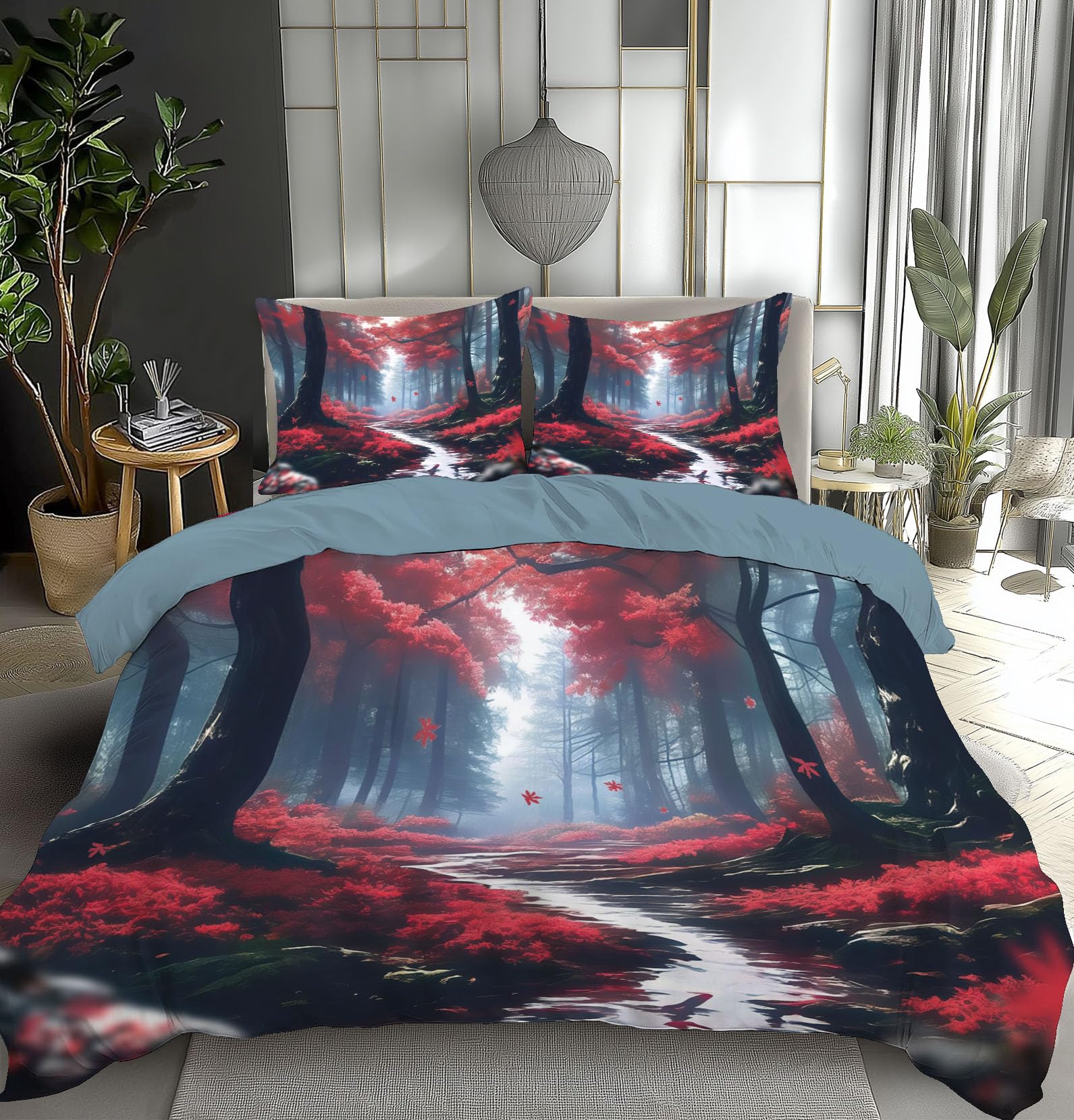 Parure de lit 200x200cm enfant forêt rouge anti-décoloration en microfibre