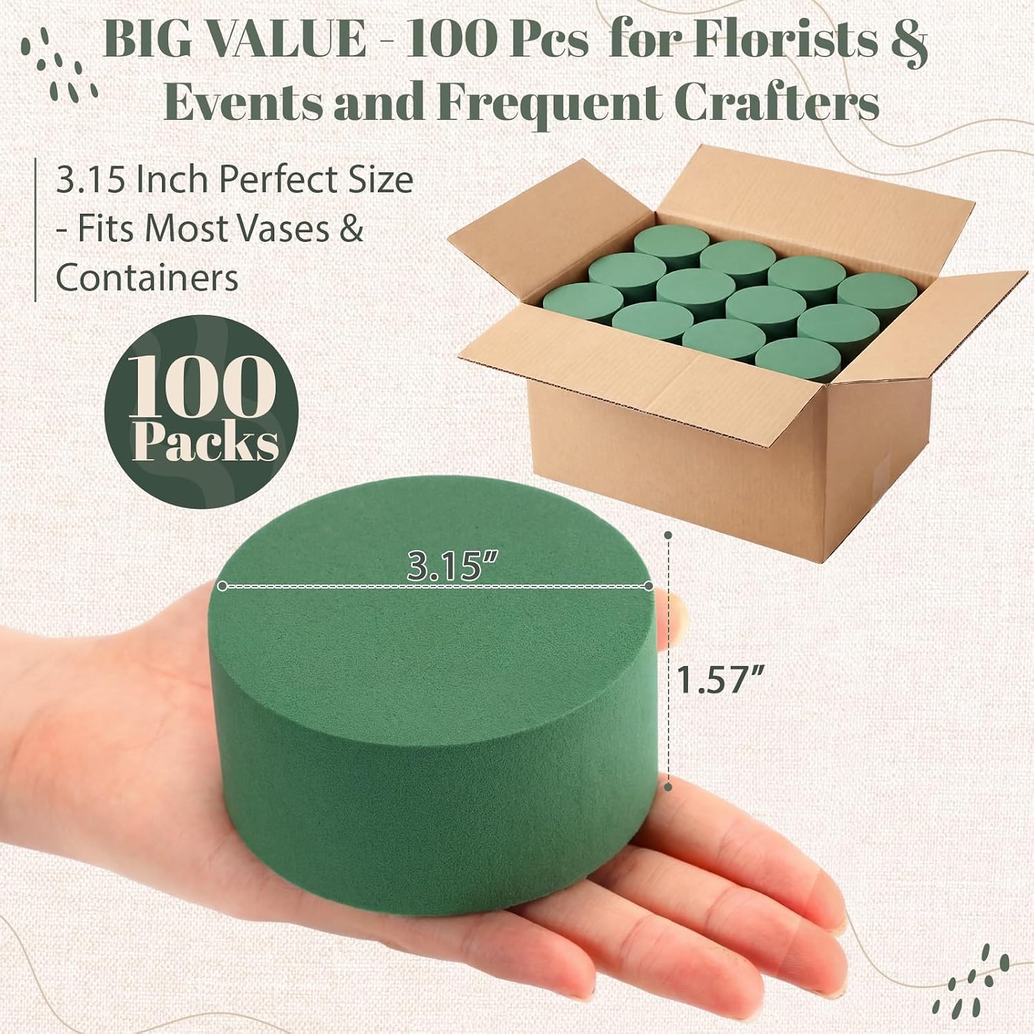 Sawysine 100 Pcs Round Floral Foam Blocks Bulk 3.15 Inch Green Dry Foam for Flower Arrangements Dual-use Floral Supplies for Artificial Dried Flower Wedding Party Decor DIY Craft Home Centerpiece