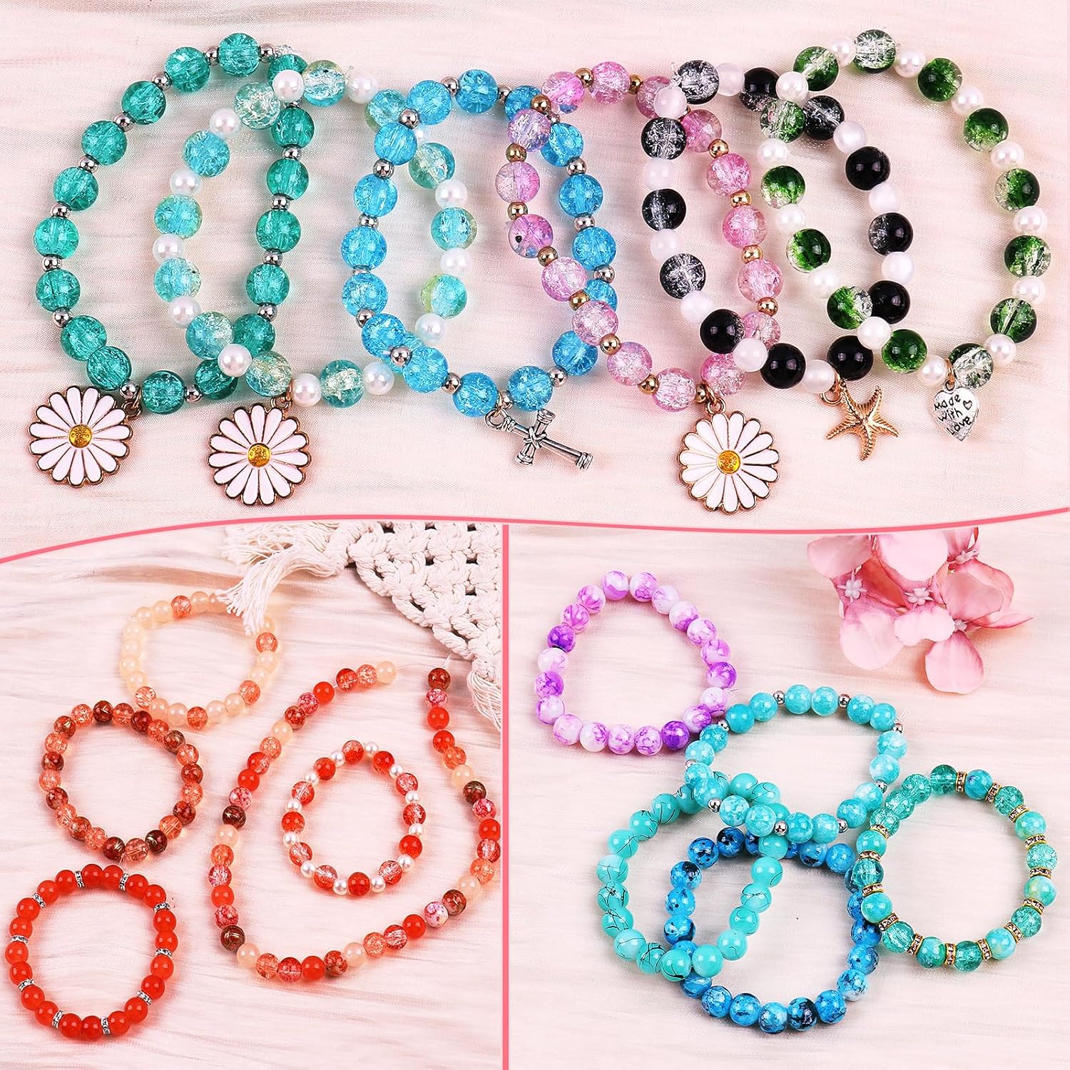 2080Pcs 8mm Glass Beads for Jewelry Making, 72 Colors Crystal Beads Bracelet Making Kit, Round Glass Beads for Bracelets and DIY Crafts, Solid, Crackle and Marble Colors, 3 Box