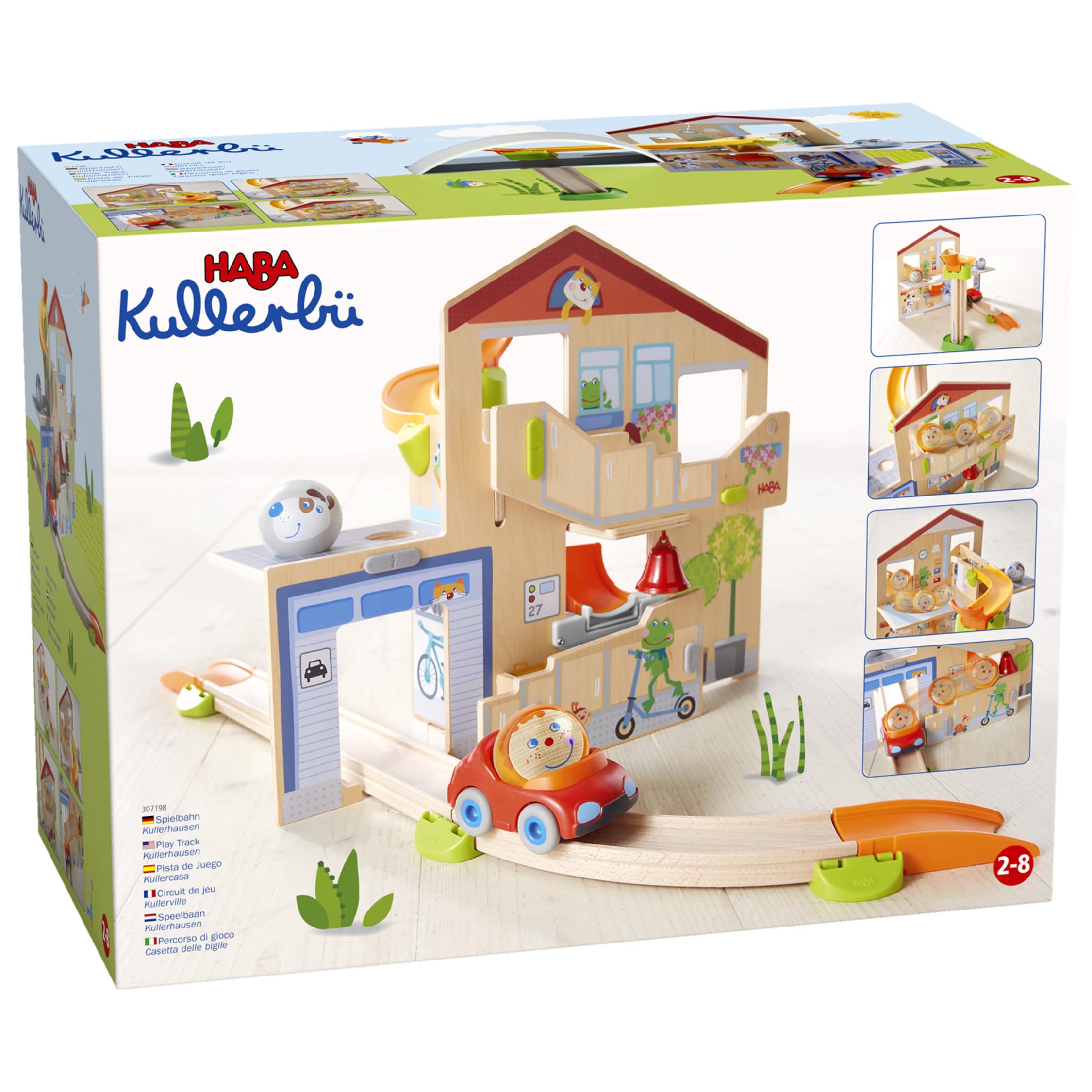 HABA Kullerbü – Spielbahn Kullerhausen – Kugelbahn ab 2 Jahren mit Glöckchenhaus & Cabrio – 17-teiliges Holzspielzeug-Starterset zur Motorikförderung – Erweiterbar – 1307198001