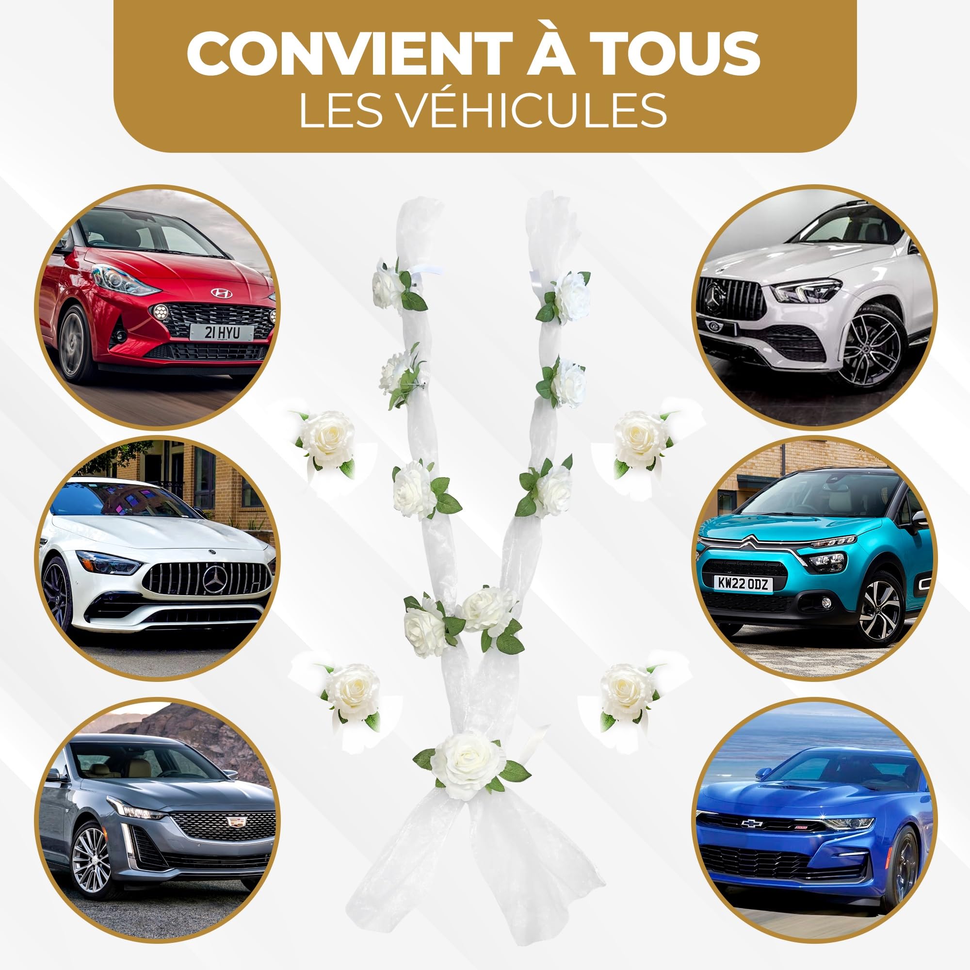 Nueva Vida décoration Voiture de Mariage - Fleurs en Soie pour Votre Voiture Nuptiale - 2 guirlandes décoratives de 180 cm pour Le Capot, INCL. 4 nœuds de Porte