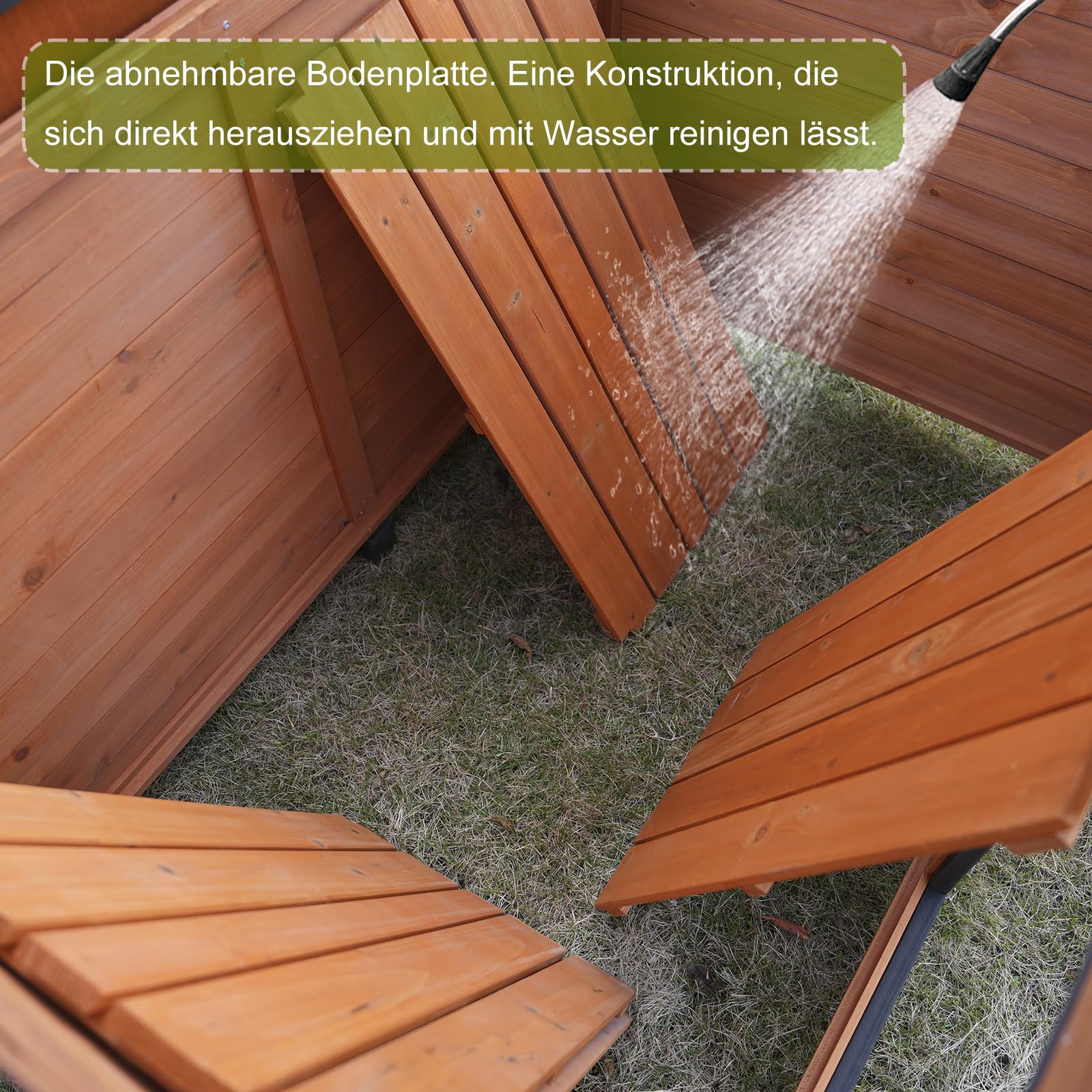 Wetterfeste Hundehütte aus Holz, Outdoor Hundehaus mit Grauer Umrandung, Naturholz Design