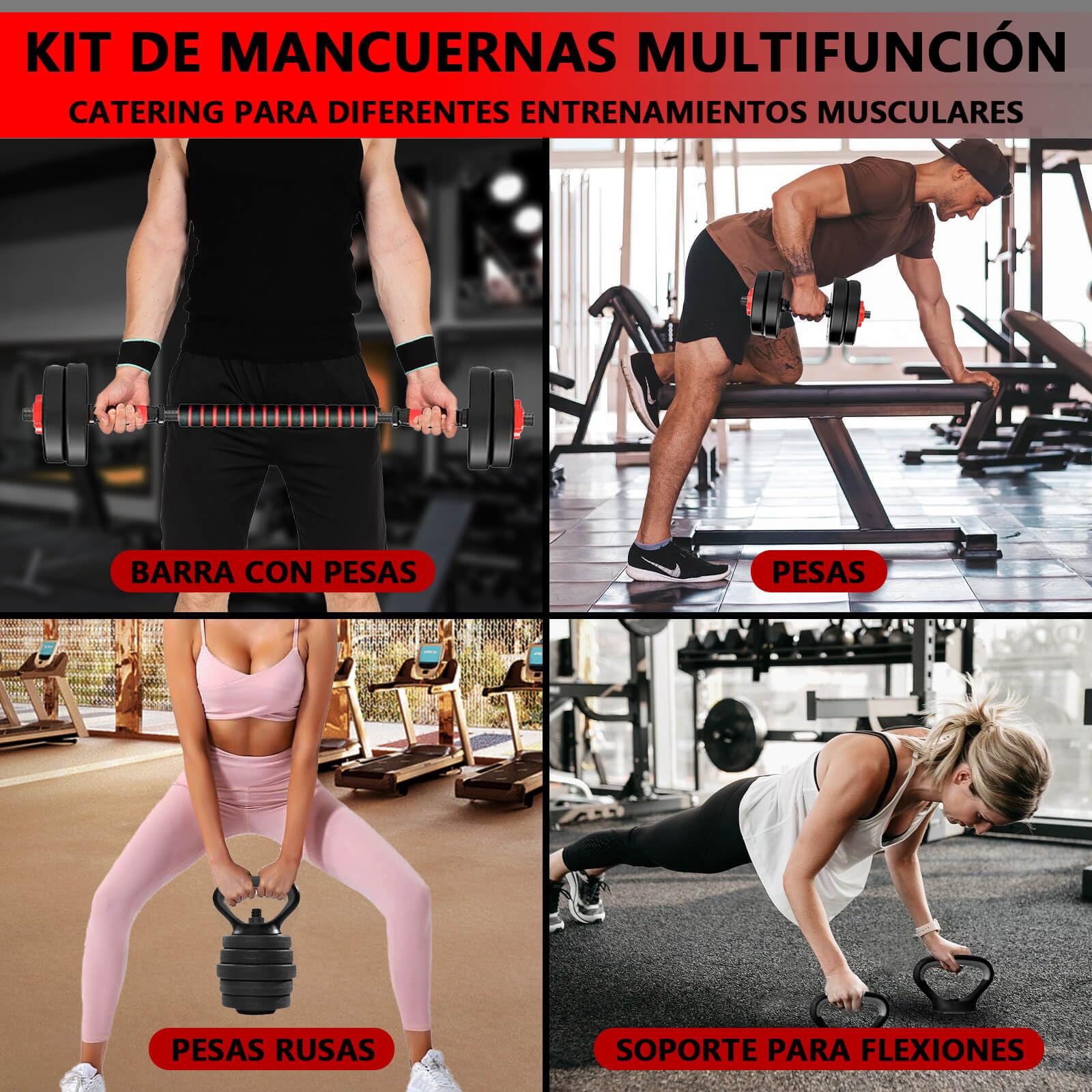 Juego de Mancuernas 4 en 1, Mancuernas 10/15/20/30/40/50KG con Pesa Rusa, Barra Recta de Conexión, Mangos Antideslizantes, Pesas y Mancuernas, Pesas Ajustables, Gimnasio en Casa
