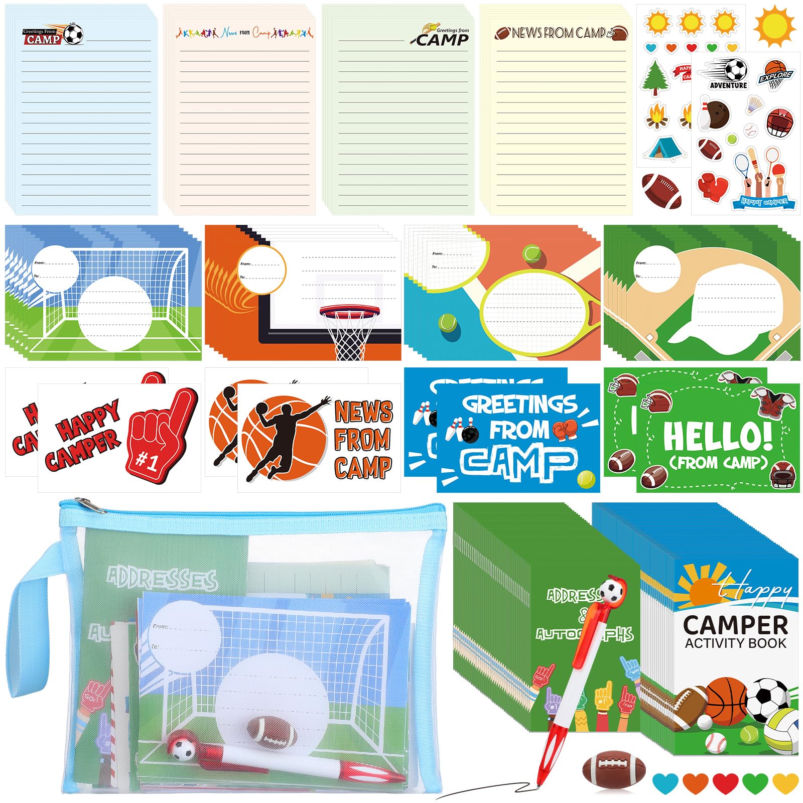 Ireer 63 Pcs Sport Complete Letters and Notes Camping Stationery Set Cute Stationery Tote Set Happy Camper Sport Party Favor for Friends and Family