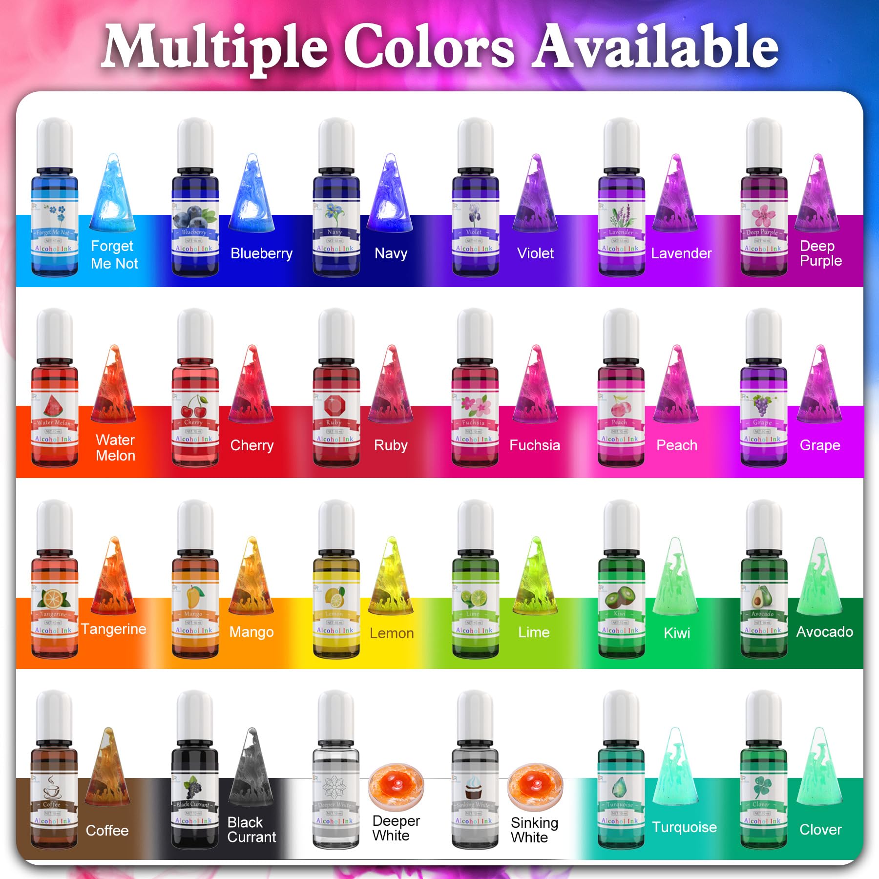 Alcohol Ink Set - 24 Colori Inchiostro Alcool per Pittura Resina Epossidica, Fabbricazione Capsule Petri di Resina - Colorante Alcolico Concentrata per Arte Resina, Bicchieri, Pittura - 24 x 10 ml