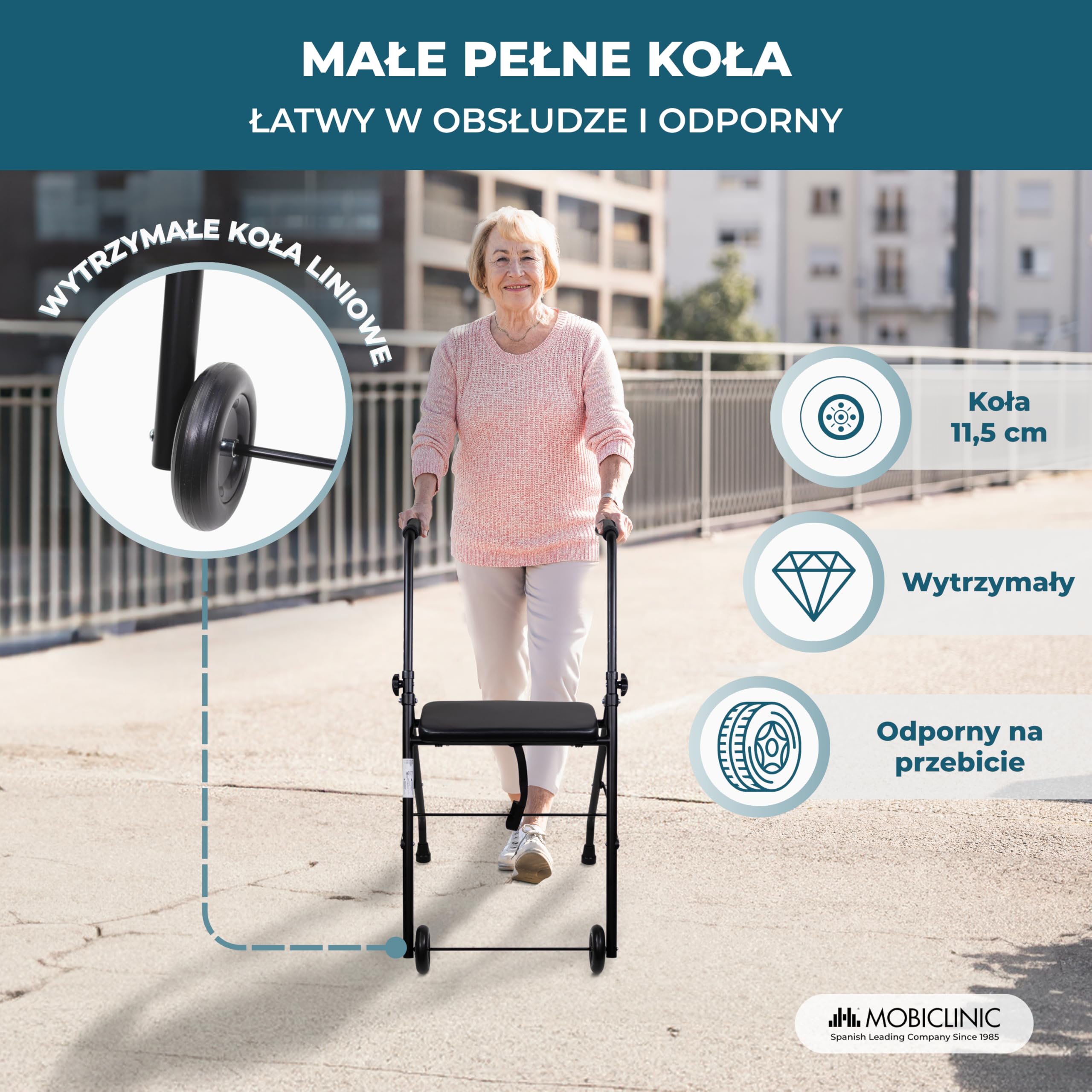 Mobiclinic®, Składany Chodzik, Regulowany, Ergonomiczne Uchwyty, Antypoślizgowe Końcówki, z Siedziskiem i 2 Kółkami, Lekki, Wytrzymały, Stalowy, Emérita, Czarny