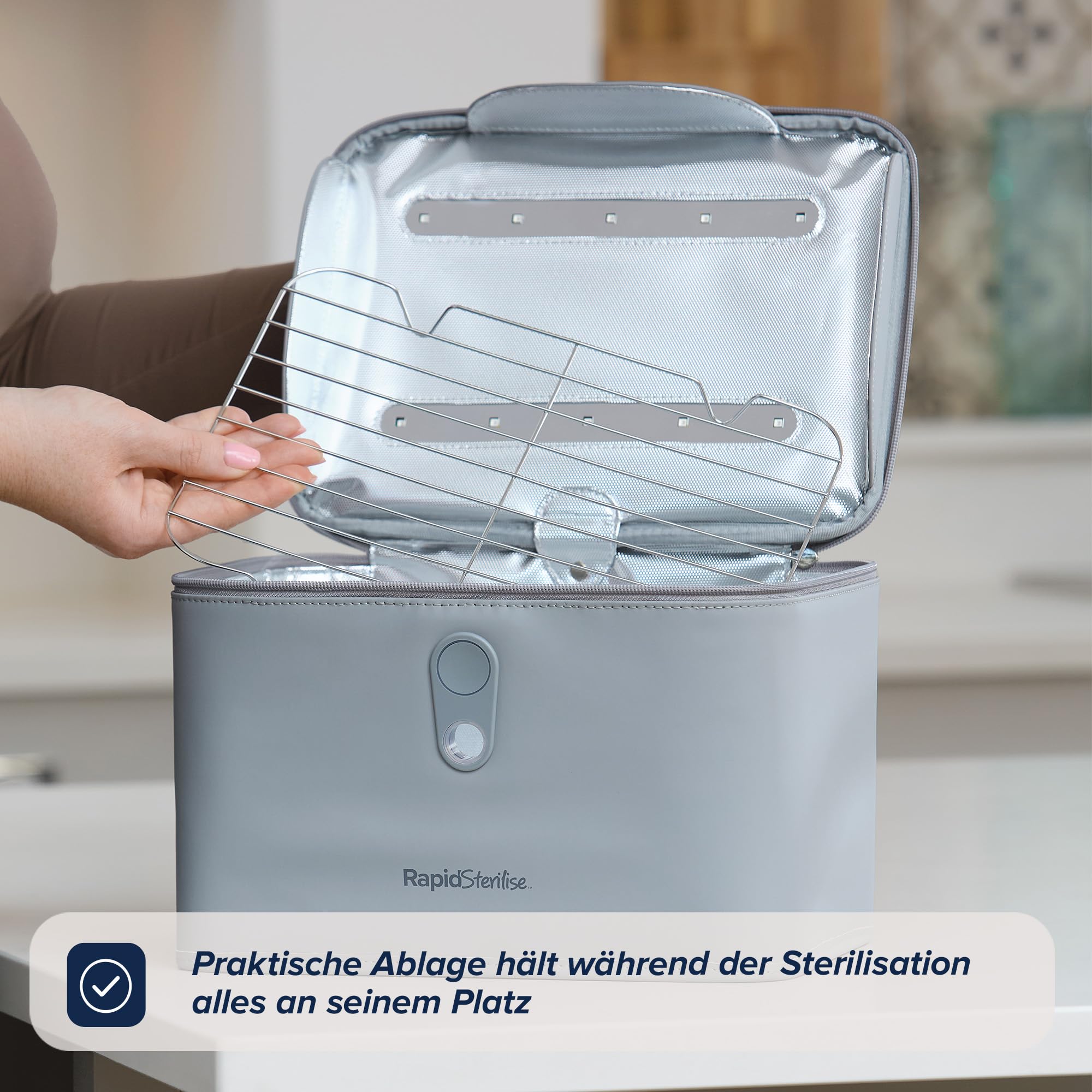 Nuby UV-Sterilisator für Babyflaschen & Zubehör, 3-Minuten-Sterilisation | Sterilisiert in 3 Minuten, tötet 99,9 % der Bakterien, für Babyflaschen & Zubehör wie Sauger, ideal für Zuhause & unterwegs