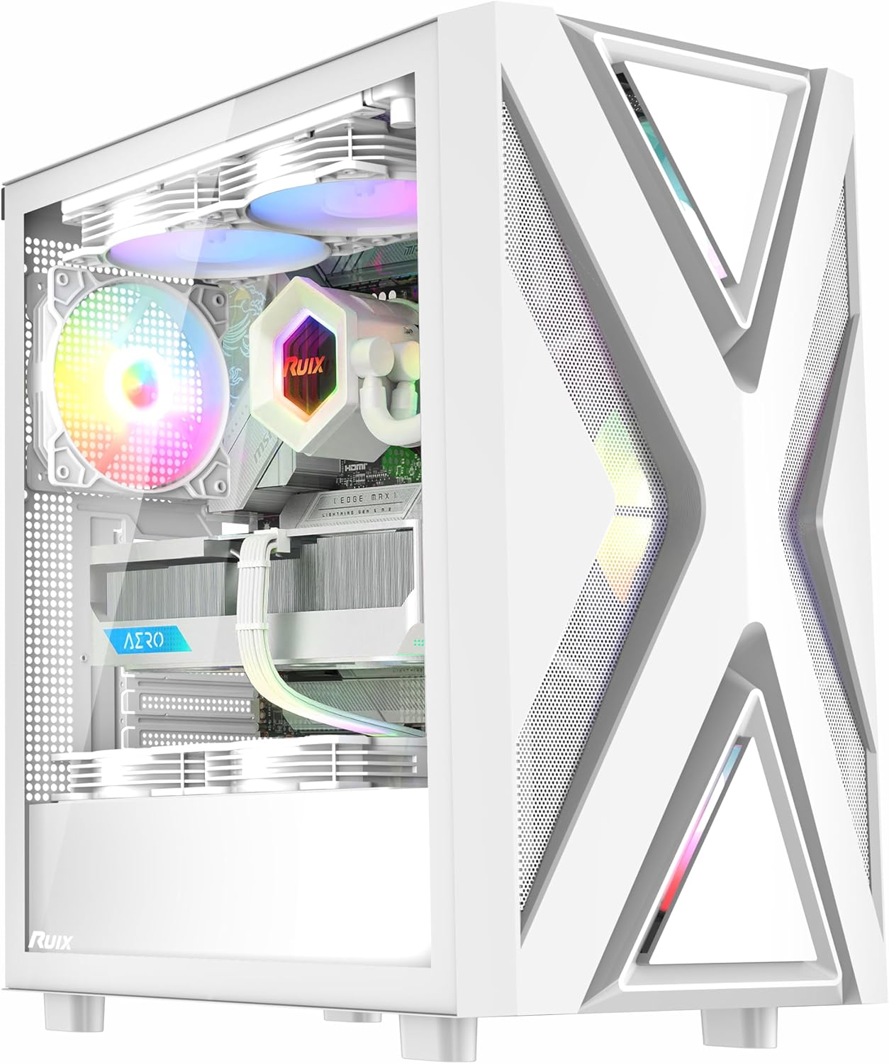 RUIX CV203 ATX Mid-Tower PC Case, Pre-Installed 4 x 120mm RGB Fans, RGB Color Lighting, Tempered Glass, USB 3.0, Multi-Purpose, High-Airflow - White