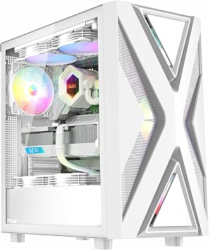 RUIX CV203 ATX Mid-Tower PC Case, Pre-Installed 4 x 120mm RGB Fans, RGB Color Lighting, Tempered Glass, USB 3.0, Multi-Purpose, High-Airflow - White