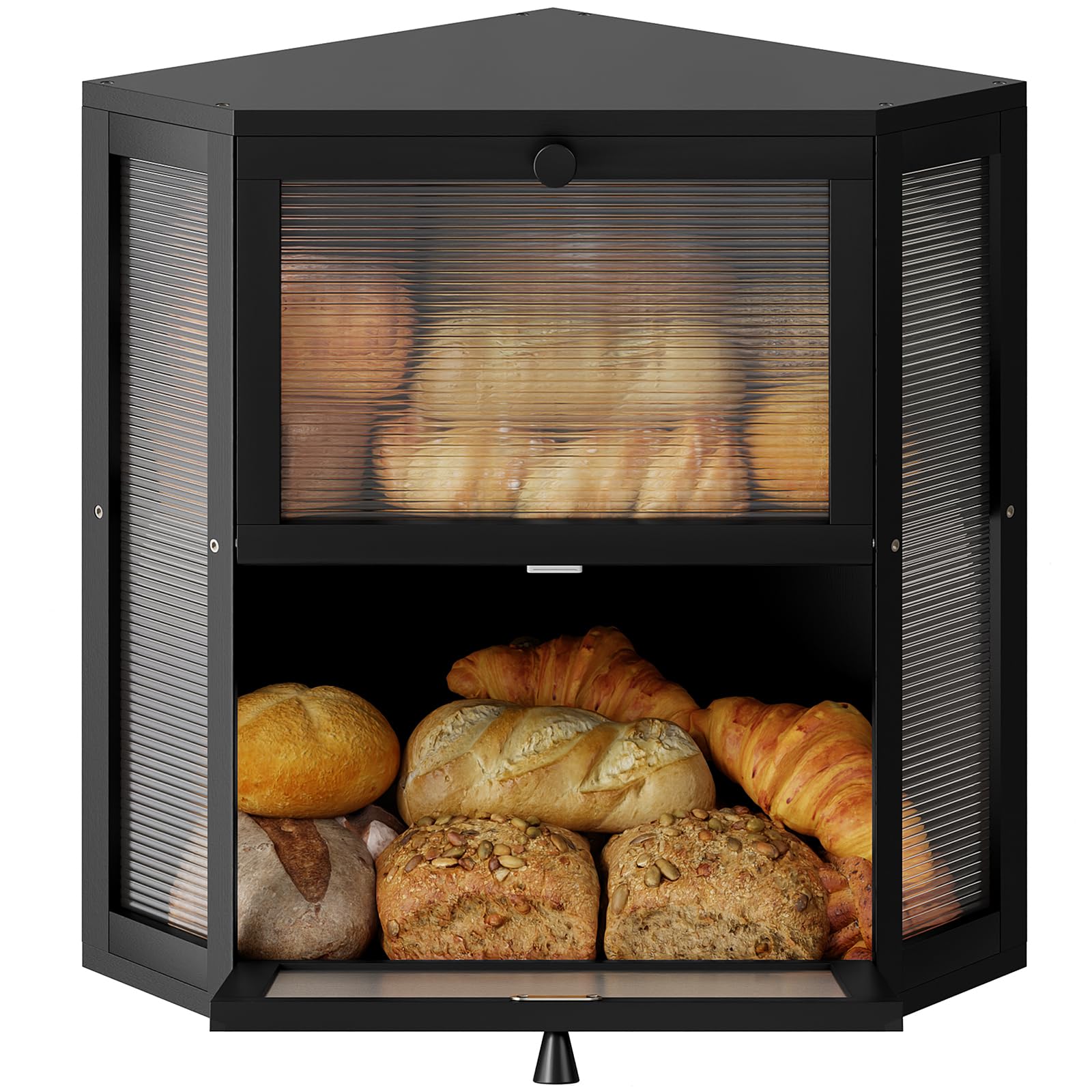 Photo 1 of WOWLIVE Corner Bread Box for Kitchen Countertop, Double Layer Bamboo Bread Storage Container, Large Farmhouse Bread box with Acrylic Wavy Door Panel, Under Cabinet Organizer (Black, Extra Large)