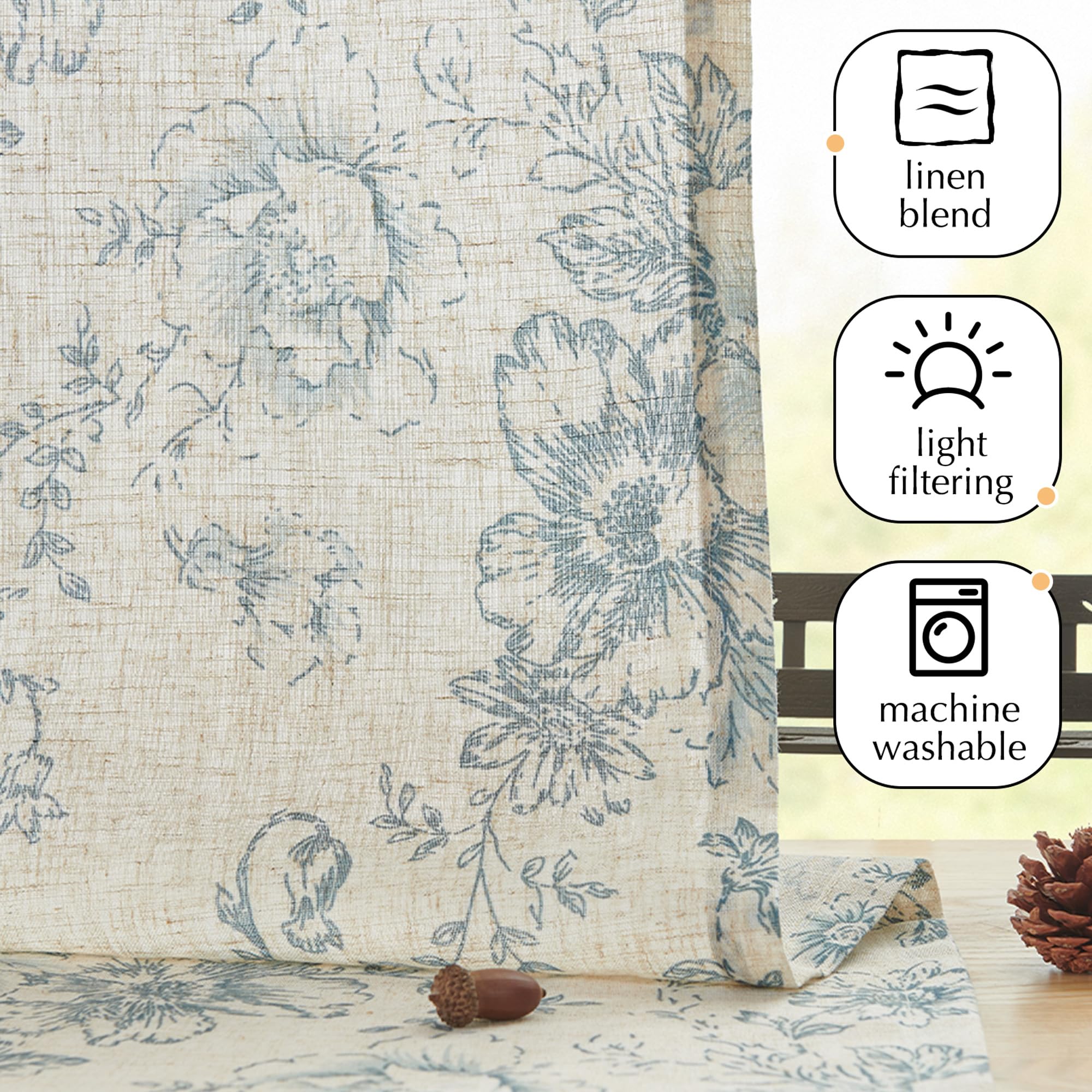 TOPICK Linen Blend Blue Floral Kitchen Curtains 24 Inch Drop Small Cafe Curtains Light Filtering Short Curtain Tiers for Bathroom Sink Rod Pocket 2 Panels - Image 4