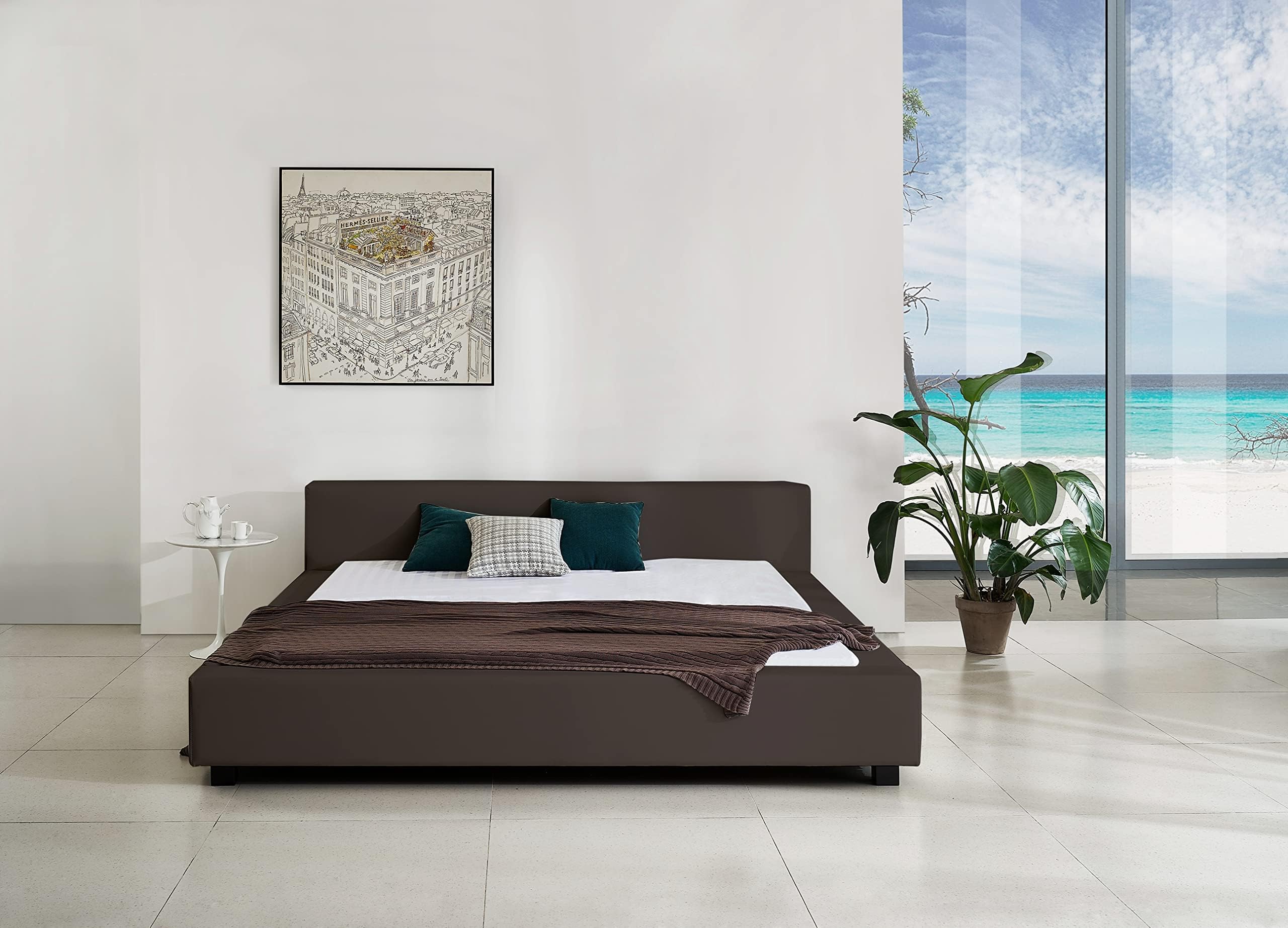 Classic Symmetrical Bed, Eastern King Size Bed Frame,Dark Brown