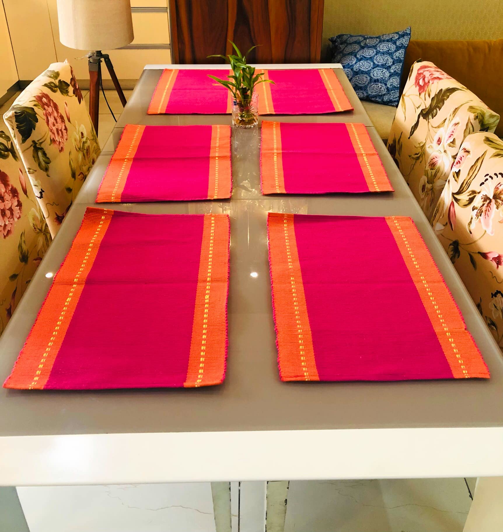 RANGBHAR Handloom Washable Ribbed Cotton Tablemats/Placemats, Set of 6, 12x18, Fade/Heat Resistant, Pink Orange, Striped-image-0