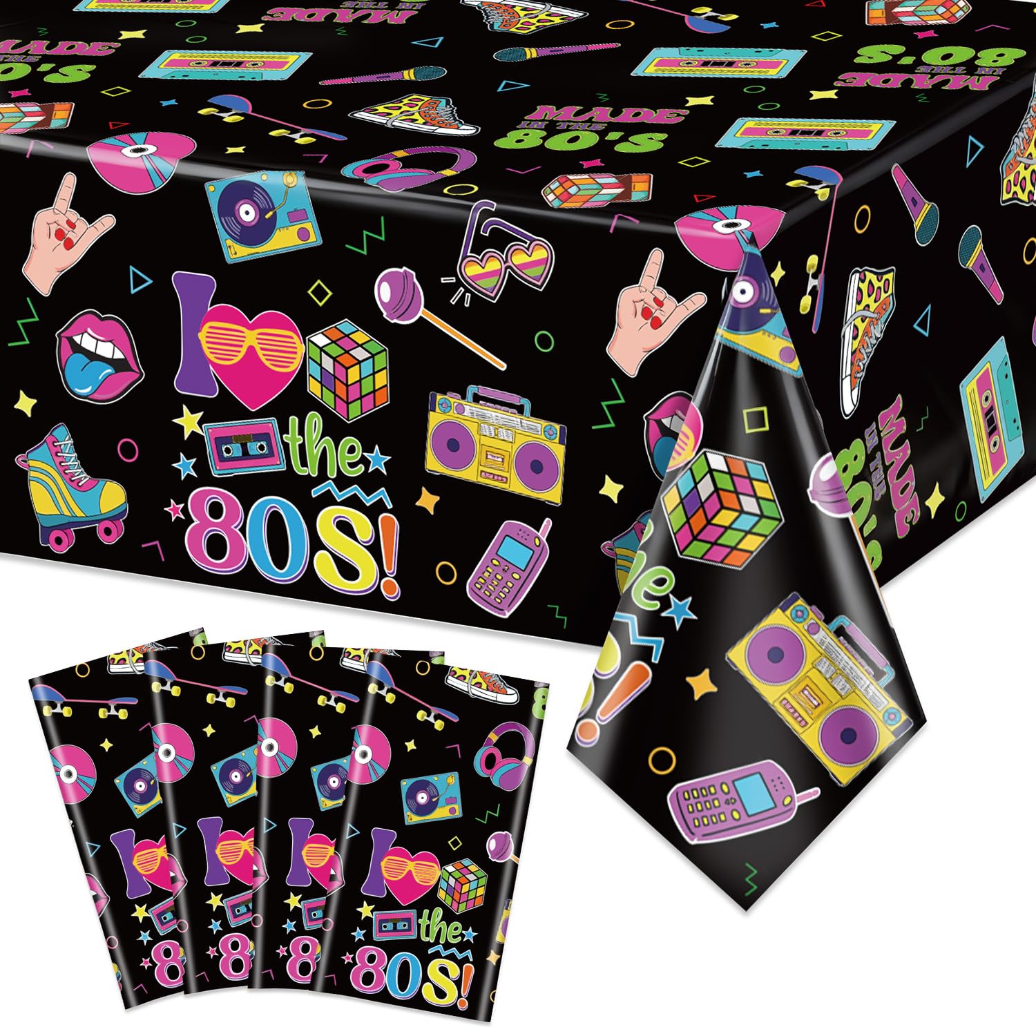 XJLANTTE 4Pcs 80s Party Plastic Tablecloths - 80's Theme Table Cover, Rectangular 80s Hip Hop Table Decorations for Throwback Rock Punk Disco Birthday Party Supplies, 51 x 86.6 Inch