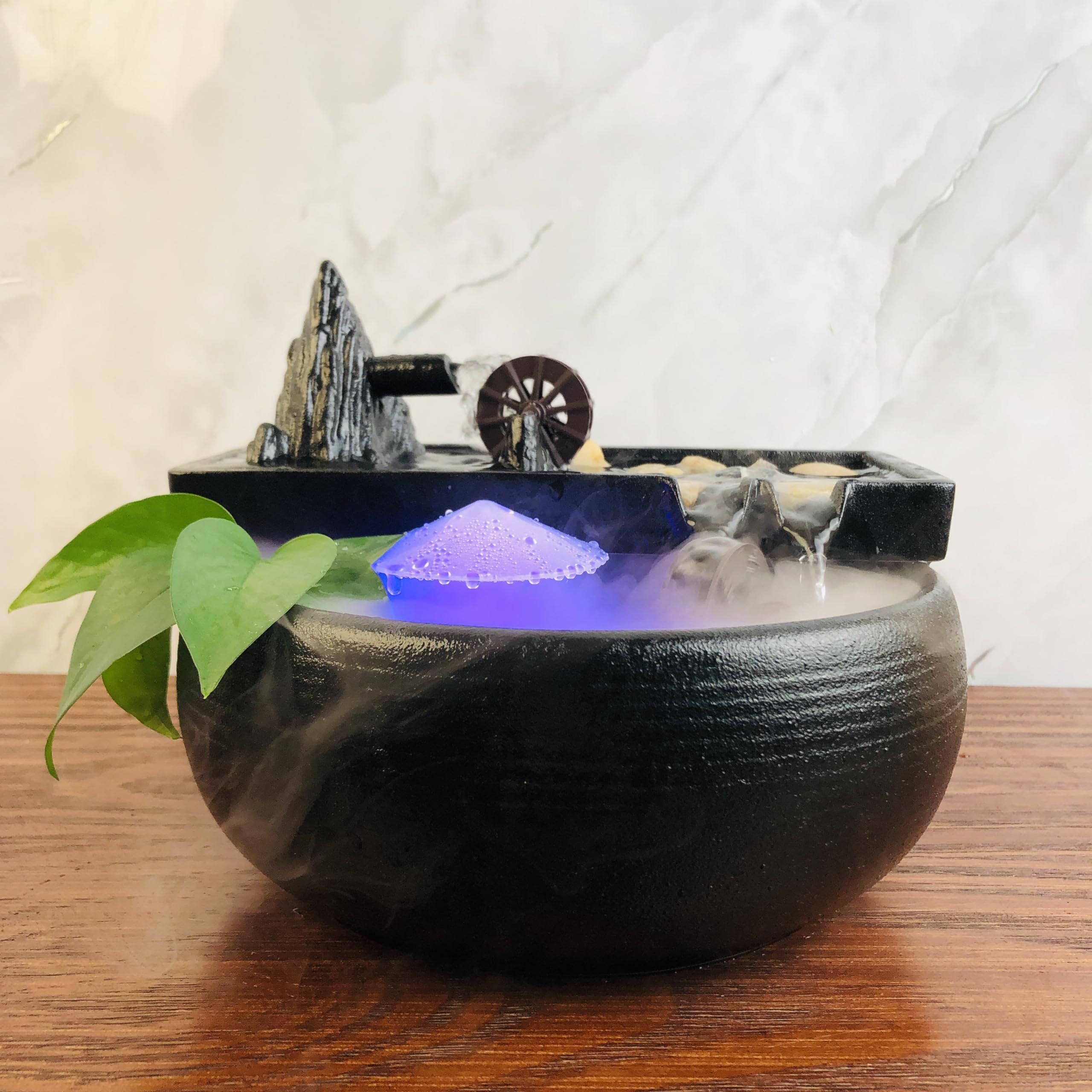 Fuente Decorativa de jardín, Fuente de Agua con Cascada, de cerámica, con iluminación LED, Efecto de Niebla, Bomba de Agua, Zen Estilo japonés, decoración para Escritorio, jardín, Negro