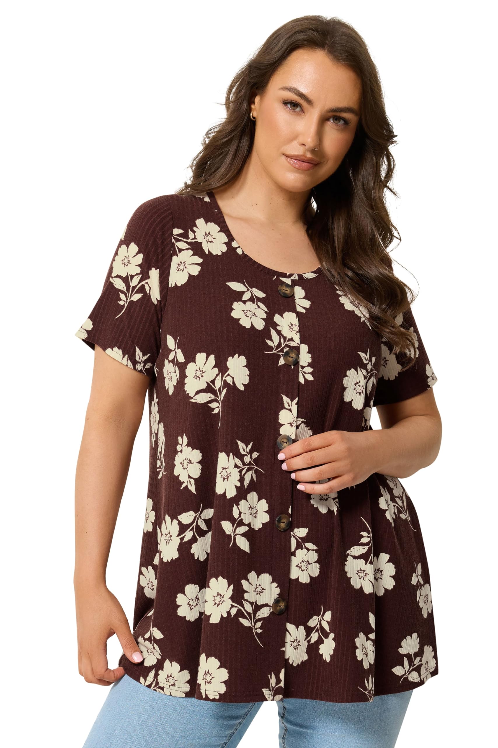 Yours Women's Chocolate Floral Button Front Ribbed Swing Top In | Size: 18