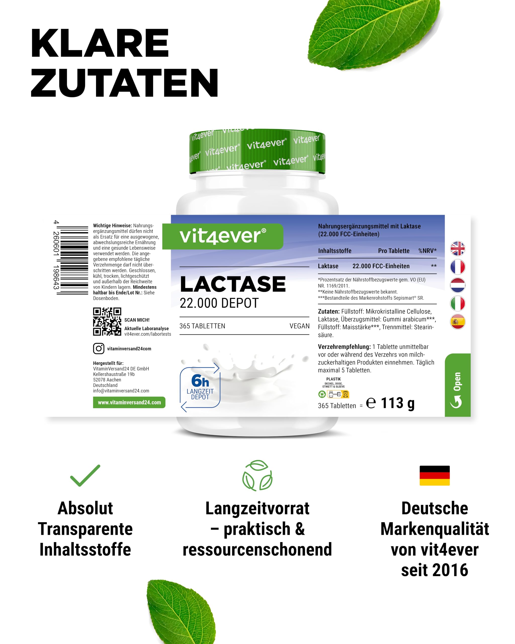 vit4ever Laktase 22.000 FCC Depot - 365 Tabletten - Sepismart® Slow Release | Hochdosiert mit 22.000 FCC-Einheiten - Bei Laktoseintoleranz + Milchunverträglichkeit, Vegan
