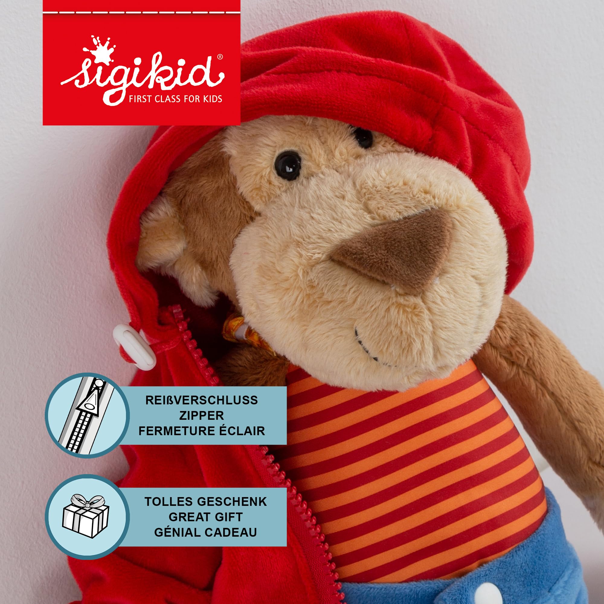 Sigikid PlayQ zabawka edukacyjna małpa z ubraniem, zabawka motoryczna – lalka do wciągania z zamkiem błyskawicznym, guziki, wiązanie kokardy - figurka do zabawy, towarzysz, przytulanka dla dzieci od