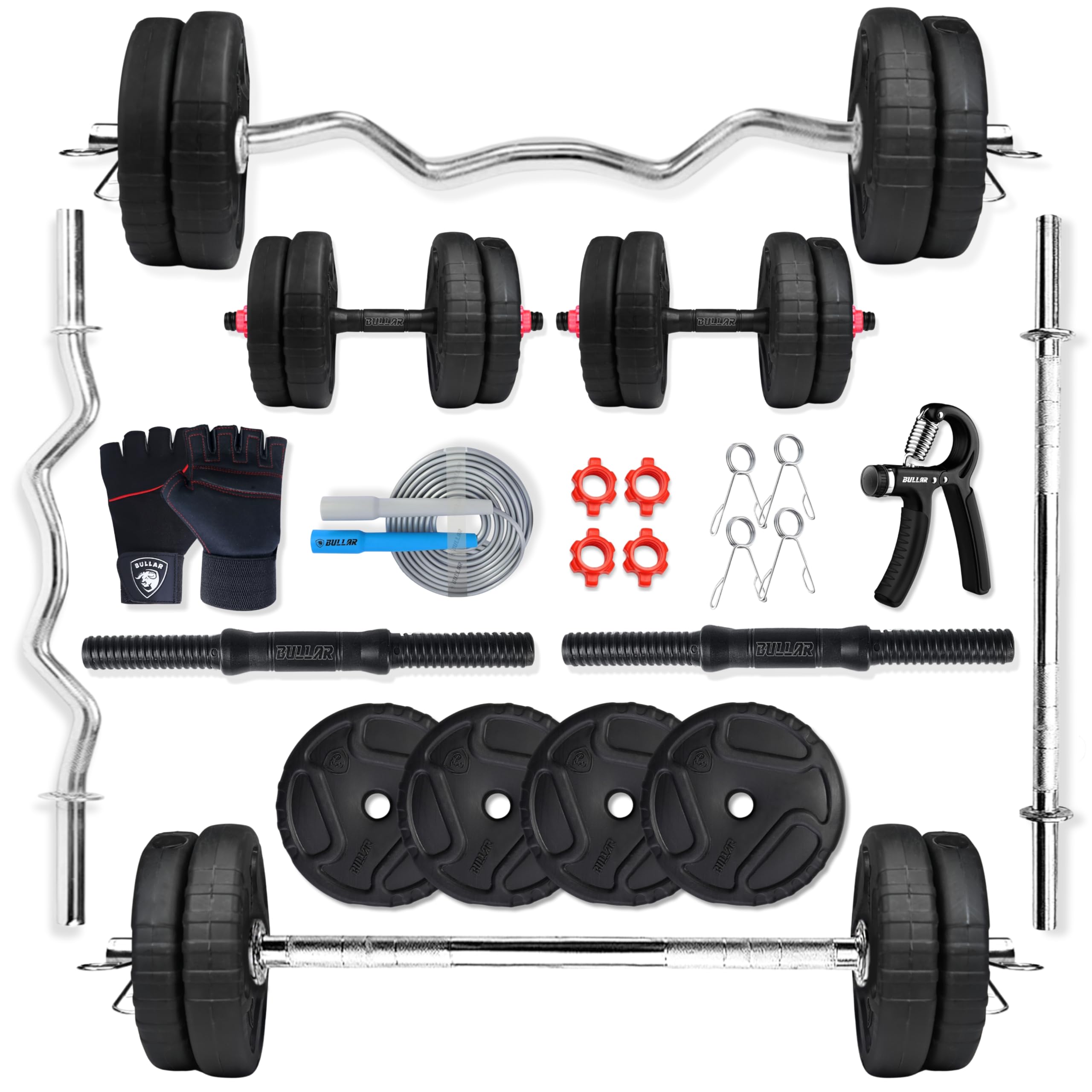 BULLAR Premium PVC 2.0 Home Gym Set, Home Gym Combo, Home Gym Equipments for Men, Home Gym Kit with 8 to 30Kg Weight Plates,3ft curl & 3ft Straight Rod, 1 Pair Dumbbell rods with Accesories (8 KG)