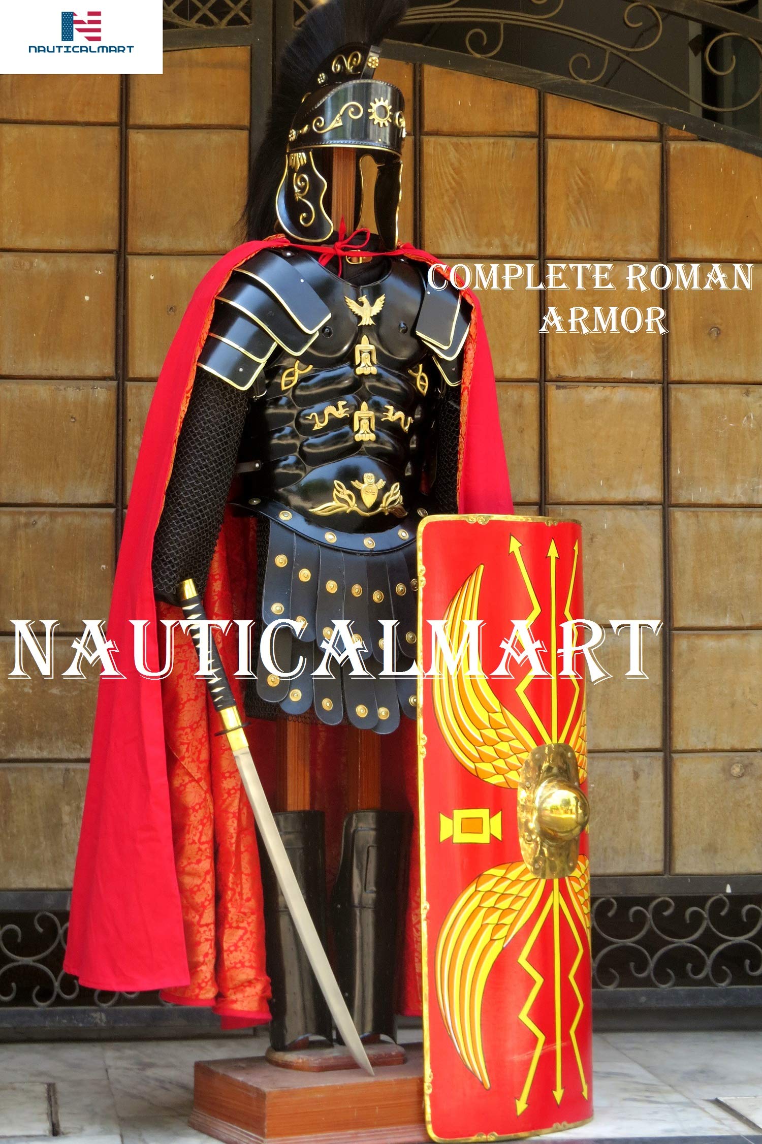 NauticalMart Roman Black Muscle Armor Cuirass Set W/Shoulders, Leg Guard, Roman Helmet, Chainmail, Roman Shield