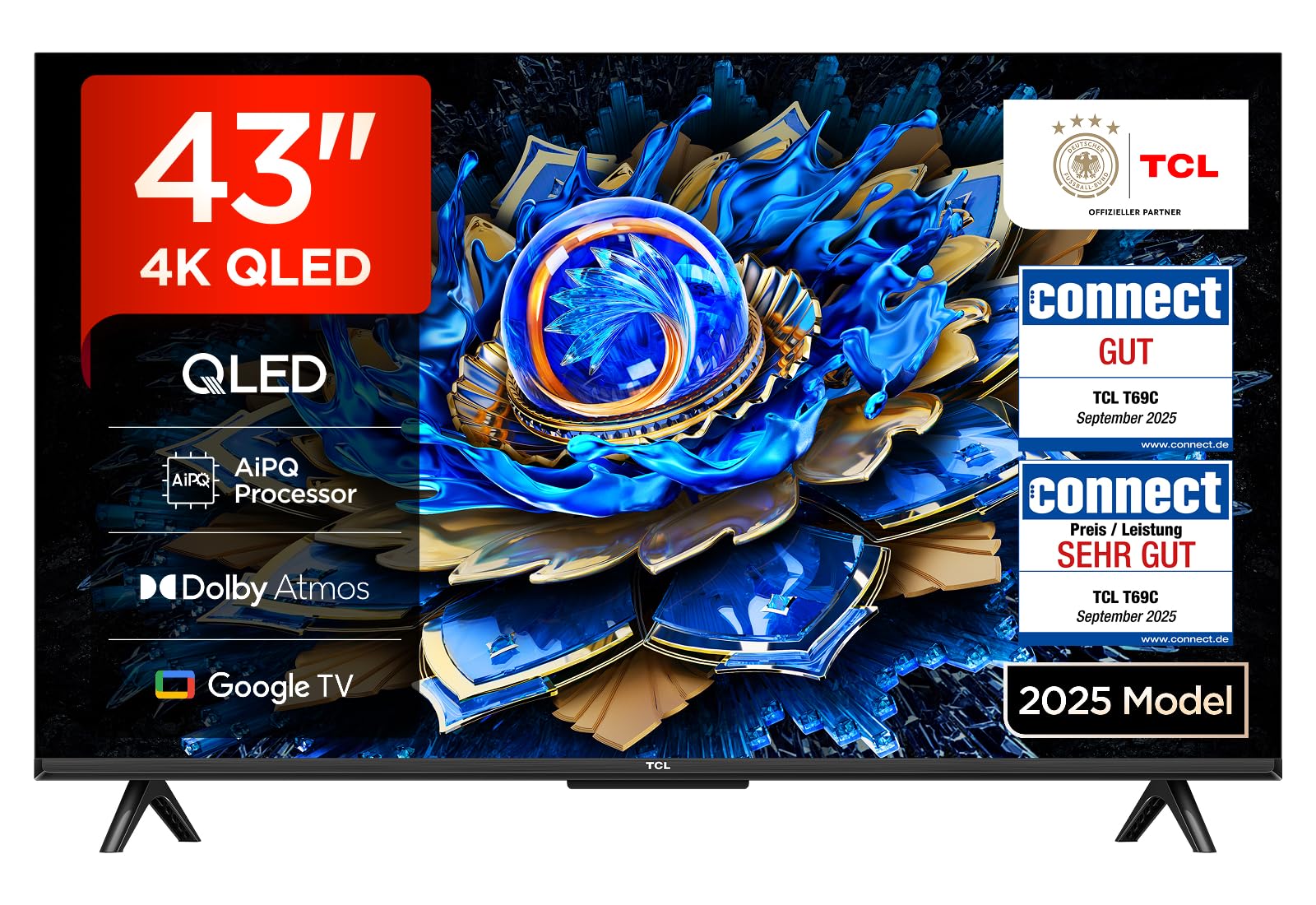 TCL 43T69C 43 Zoll QLED, Direct LED TV, 4K HDR TV, Smart Google TV (Dolby Vision & Atmos, Motion Clarity, Kompatibel mit Google Assistant & Alexa)