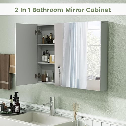 Miniatura 9 de Giantex Botiquín de baño con espejo, gabinete de pared extragrande con 3 puertas con espejo sin marco, 2 estantes ajustables, armario de baño