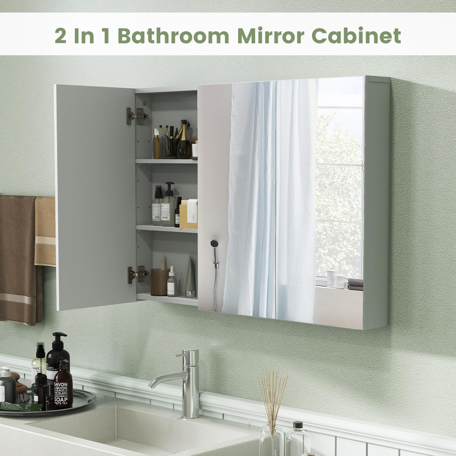 LDAILY Moccha Bathroom Mirror with Storage - Medicine Cabinet, Frameless Bathroom Wall Cabinet with 3 Doors and Adjustable Shelves, Over Toilet Storage Cabinet, Recessed or Surface Mount Installation
