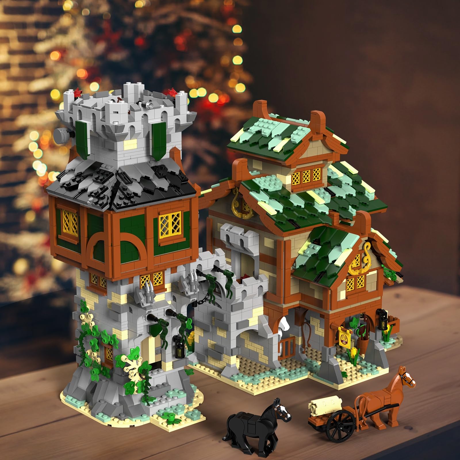 JMBricklayer Mittelalterliche Klemmbausteine für Erwachsene, Wachtturm Stall Modul Bauset mit Pferden, Ausstellungs Dekor Modellkollektion, BAU Architaction Geschenk für Jugendliche ab 14 Jahren