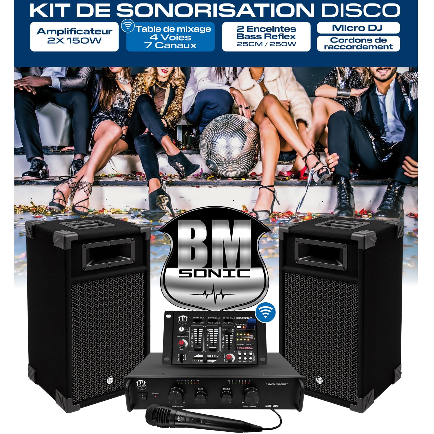 Pack Sono 300W Bm Sonic BMS-DJ300-USB-BT Initiation DJ Enceintes Ampli Table de Mixage Bluetooth, Kit d'éclairage Euphoria LED