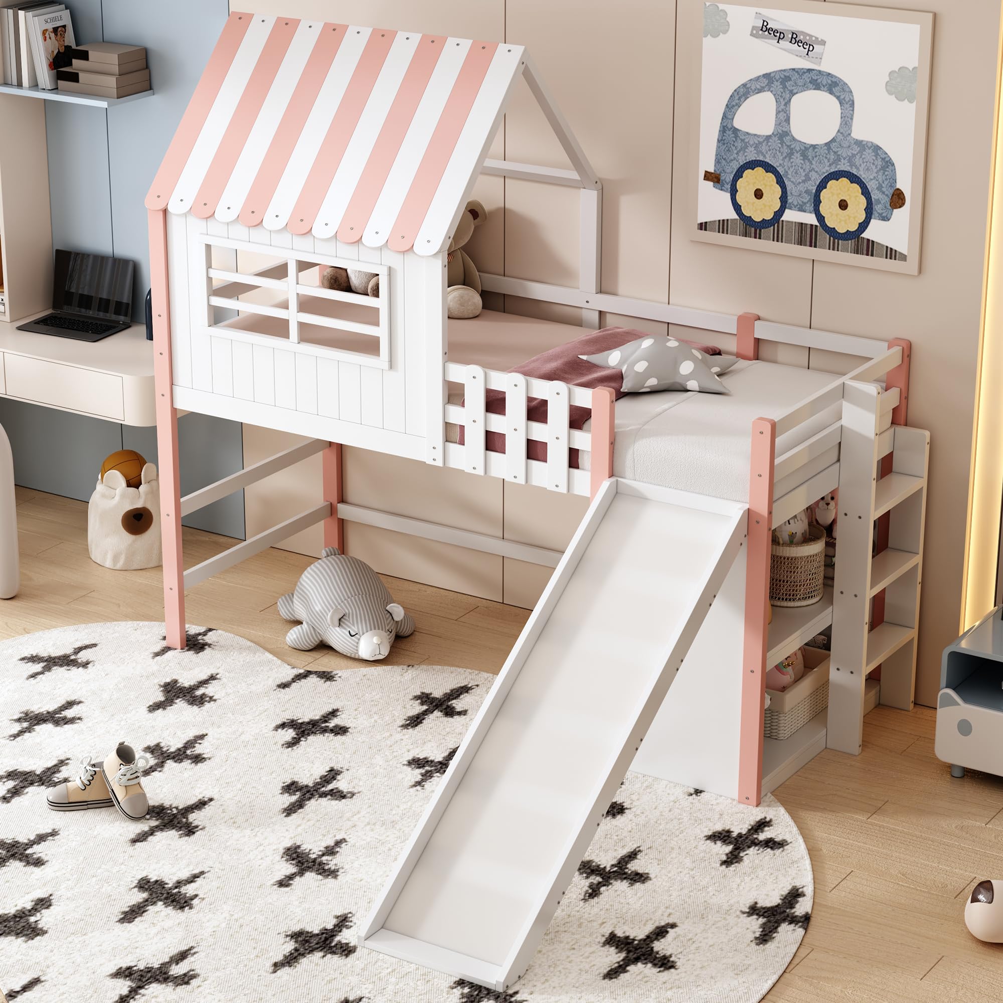 Dolamaní Kinderbett Etagenbett 90x200 cm mit Stauraum Regal und Rutsche, Hochbett mit Rausfallschutz, Holzbett mit Lattenrost, Hausbett mit Dach eines Hauses ohne Matratze (Rosa)