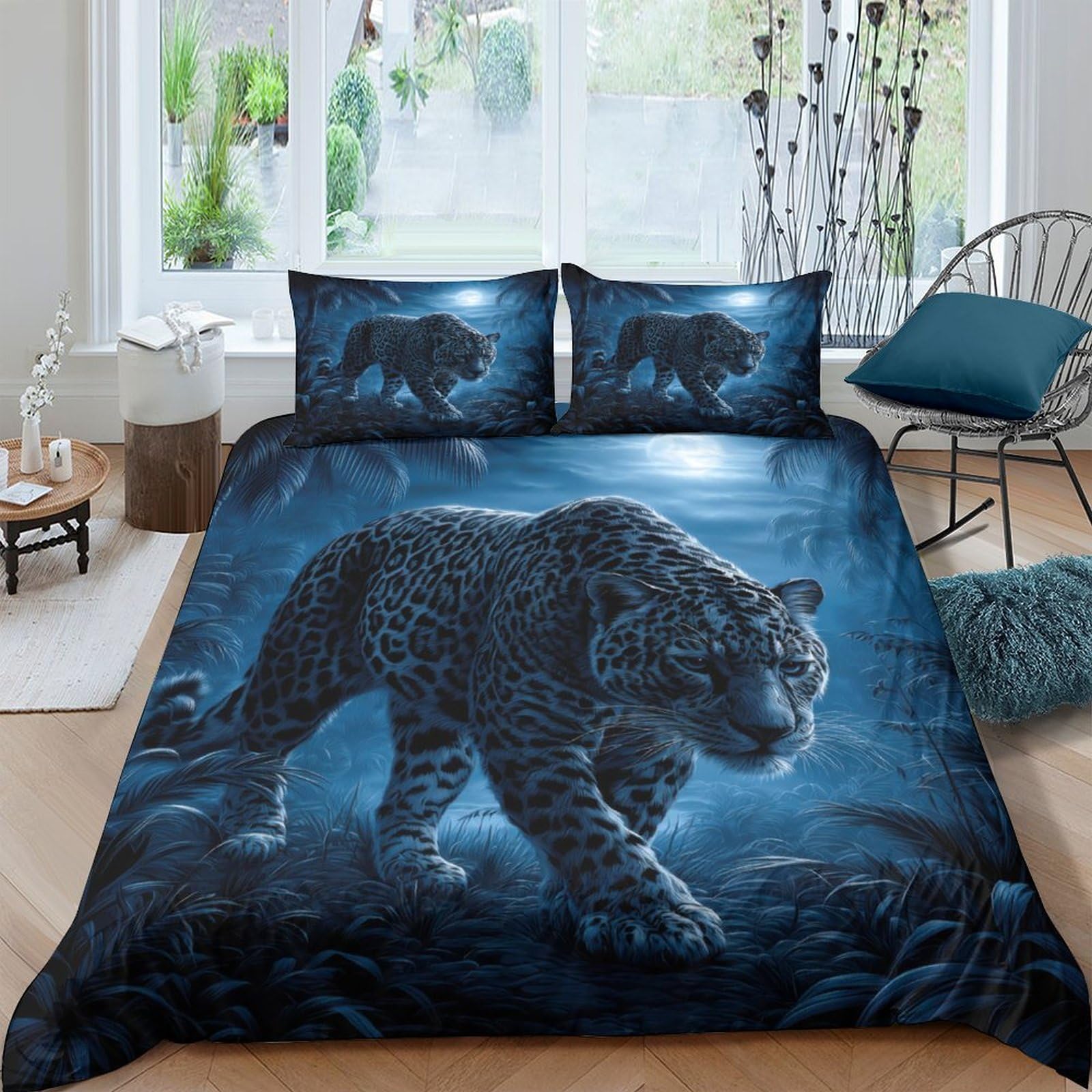 Ctjqhvkz Style-6 3D Printed Midnight Panther Fitted Sheet Microfiber Soft Blue Jungle Bed Cover For Bedroom Guest Room Decor Single（135X200cm）
