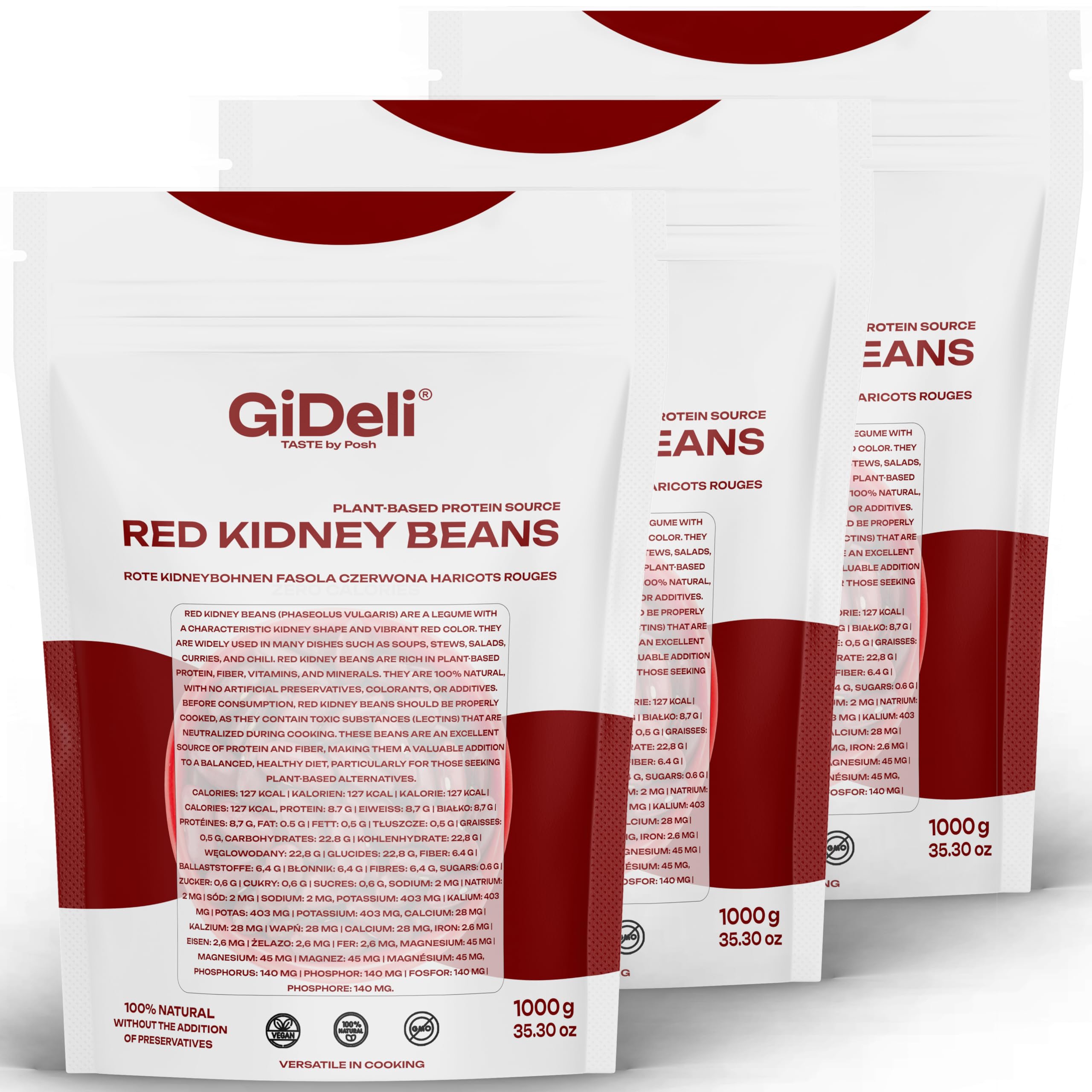 GiDeli Kidneybohnen getrocknet 3 x 1 kg - Rote Bohnen - Veganes Protein, hoher Ballaststoffgehalt - ohne Salz, ohne Zuckerzusatz - für Chili con Carne, Bowls, Tacos