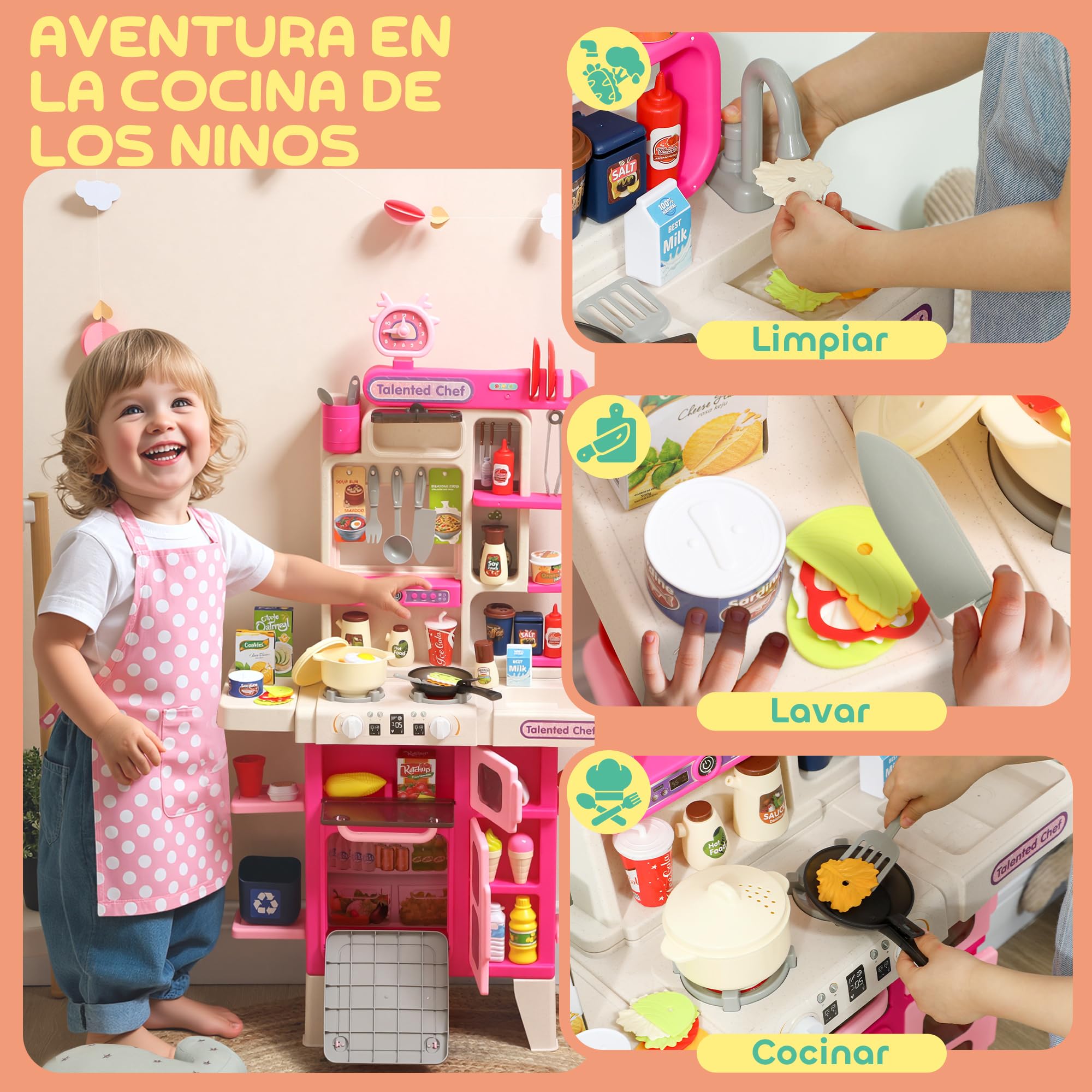 AIYAPLAY Cocina de Juguete con Luces y Sonido para Niños 52,5x22x100cm Rosa | Cocinita Infantil con Accesorios, Fregadero, Ollas, Utensilios, Alimentos Falsos, a Partir de 3 Años