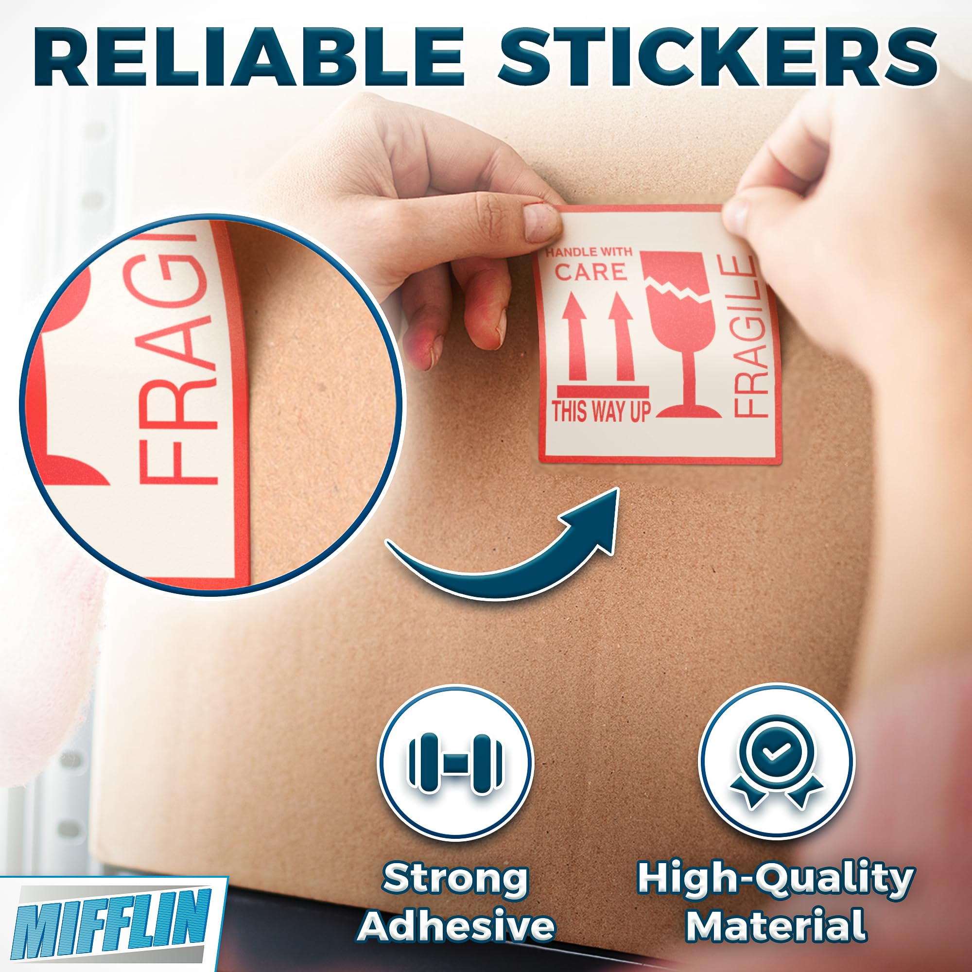 Fragile Warning Stickers - 102 Stickers, 10x10cm, 1 Roll - Moving Tape for Shipping - Large Handle with Care Warning Labels for Glass Items