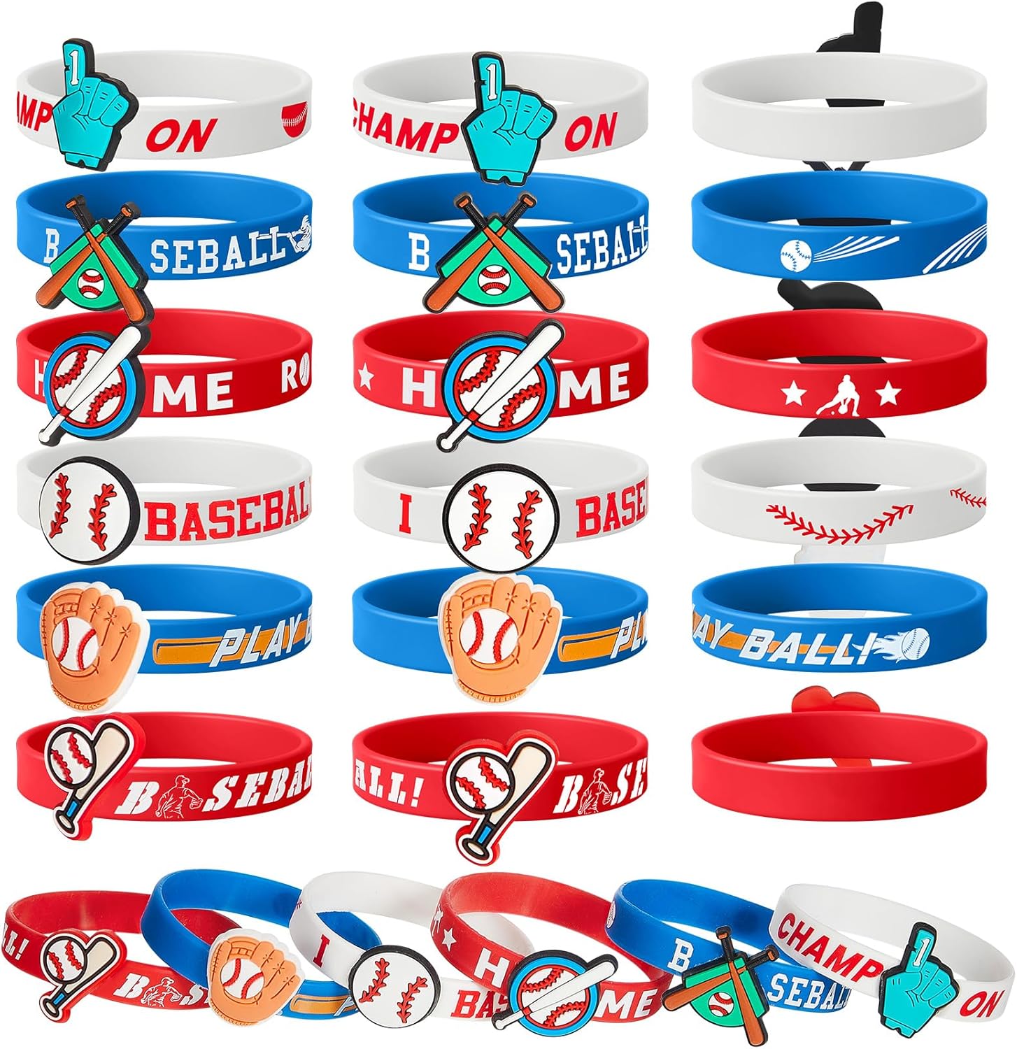 24 Pcs Valentines Baseball Bracelets Gifts Baseball Party Favors Rubber Wristbands Motivational Bracelets with Patch for Valentines Sports Party