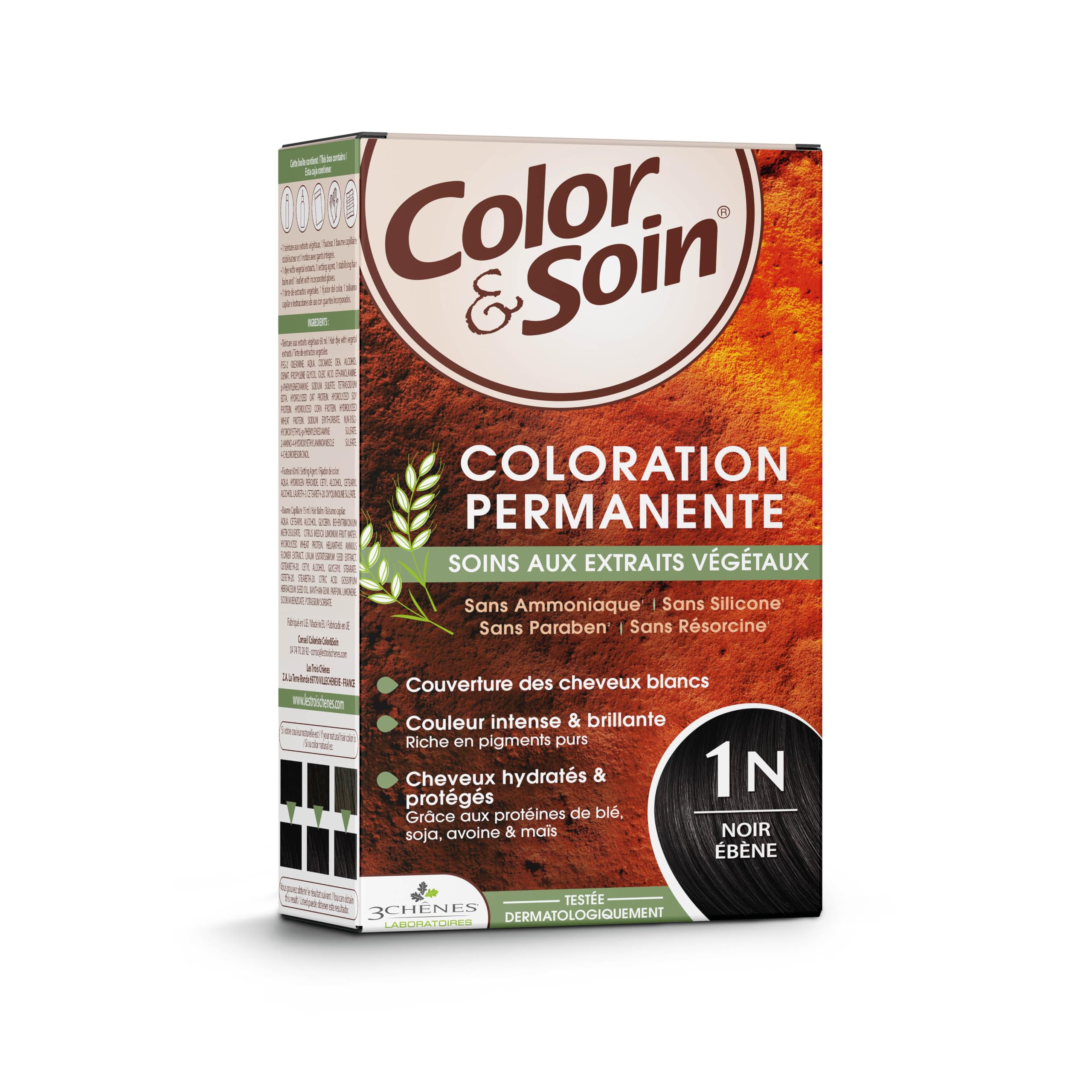 Les 3 Chênes Color & Soin 1N – Noir Ébène – Coloration Permanente Cheveux Femme Sans Ammoniaque – Soin Naturel Brillance Durable – Couvre 100% Cheveux Blancs