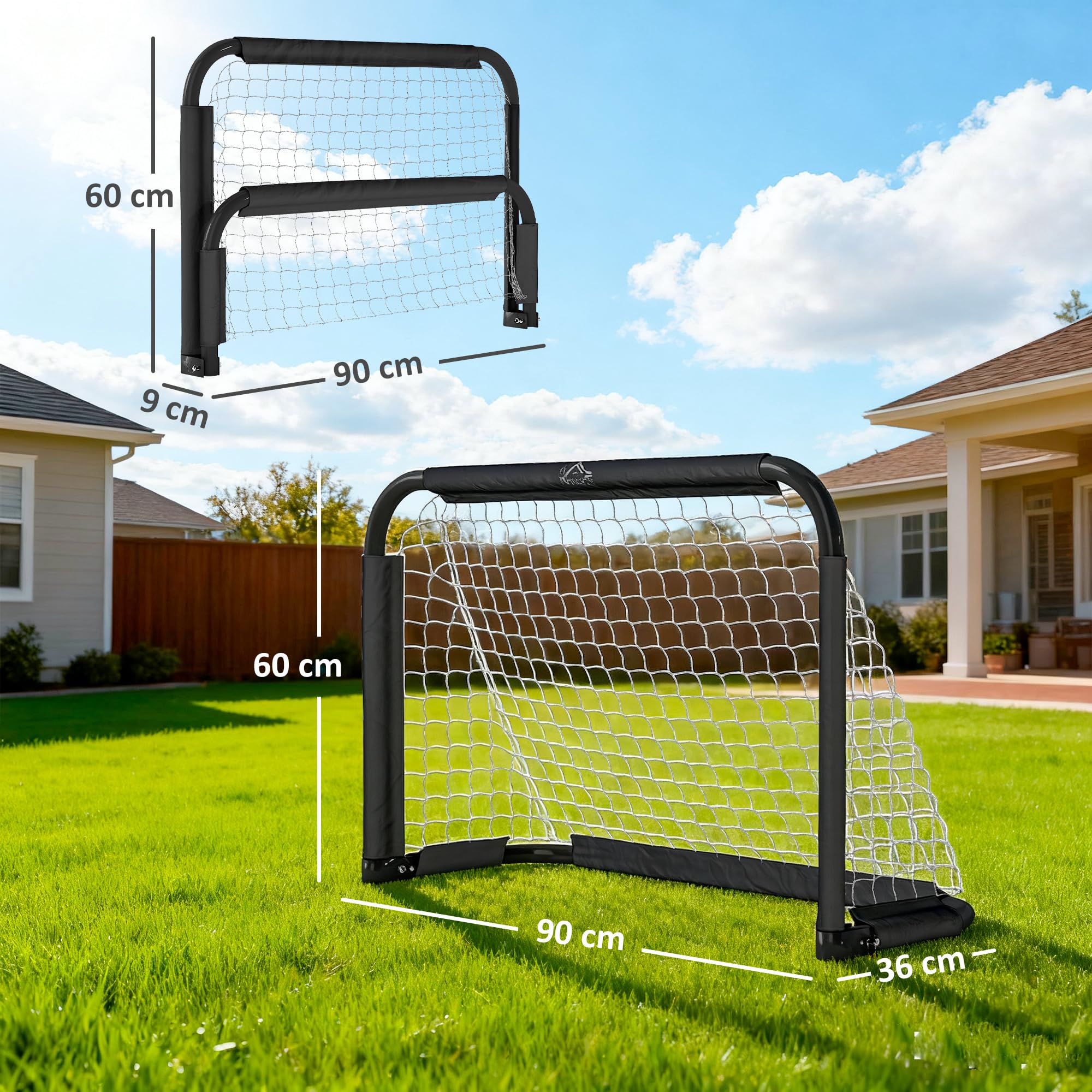HOMCOM Set de 2 Porterías Plegables de Fútbol Puertas de Fútbol Portátil con Soporte de Metal y Red para Entrenamiento en Jardín Aire Libre 90x36x60 cm