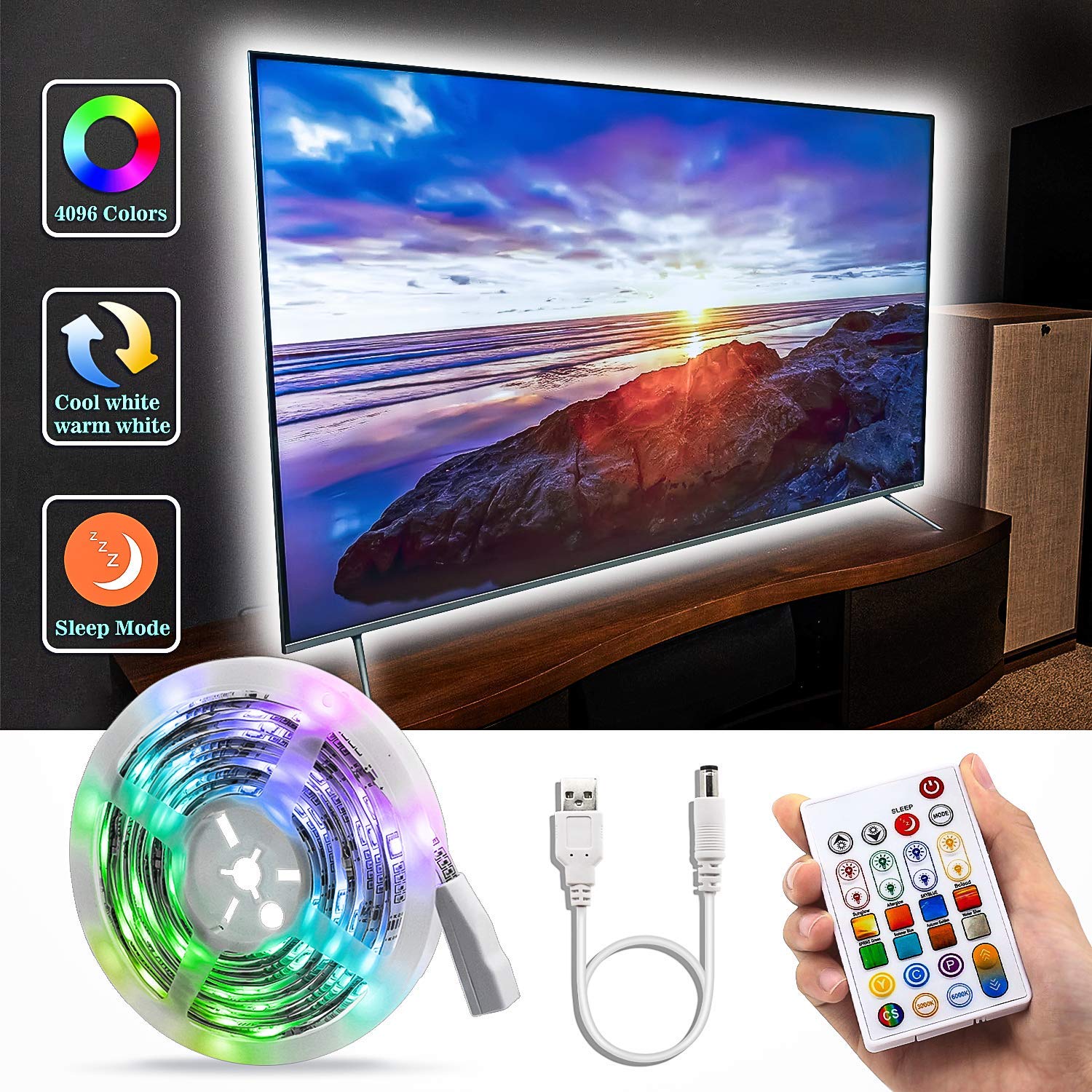 Buy Bason TV Lights Behind, 11.29ft USB TV Lights Strip Kit with Upgraded 29 Keys Remote, 3000K