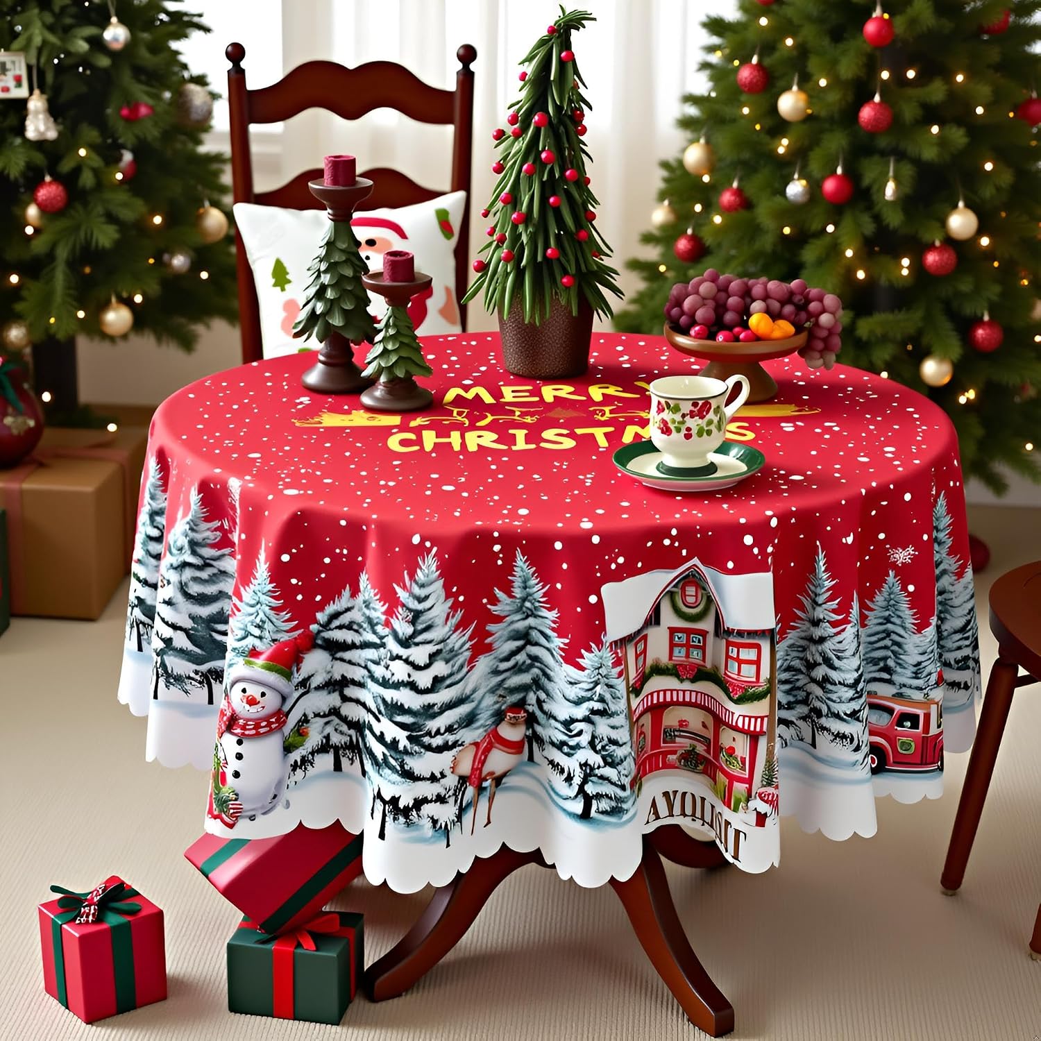 HEOSHIULY Round Christmas Tablecloth, Wipe Clean Holiday Table Cover — free download