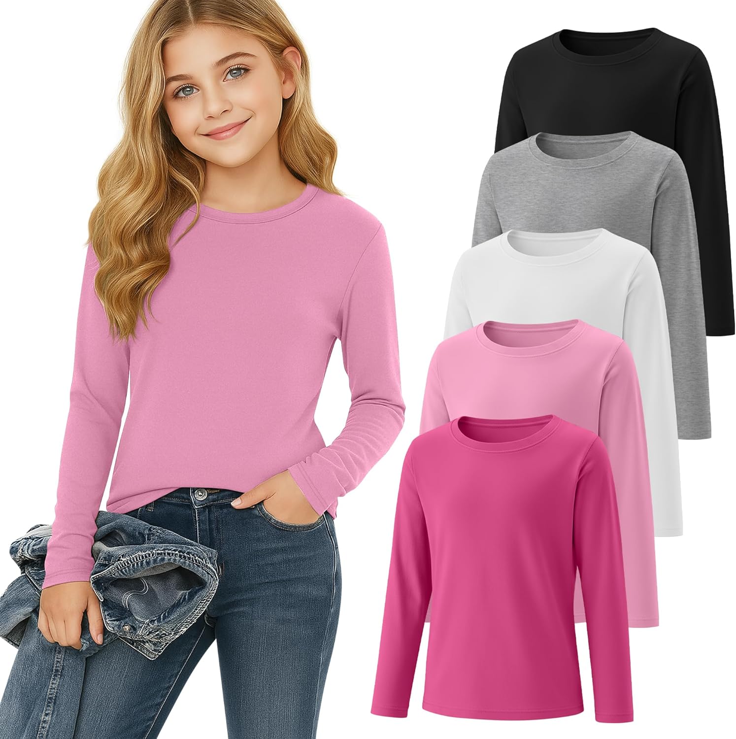 5 Pack Girls' Long Sleeve Shirts Kids Soft Crewneck Casual Loose Fit Layering Tops Basic Athletic Pullover Tee