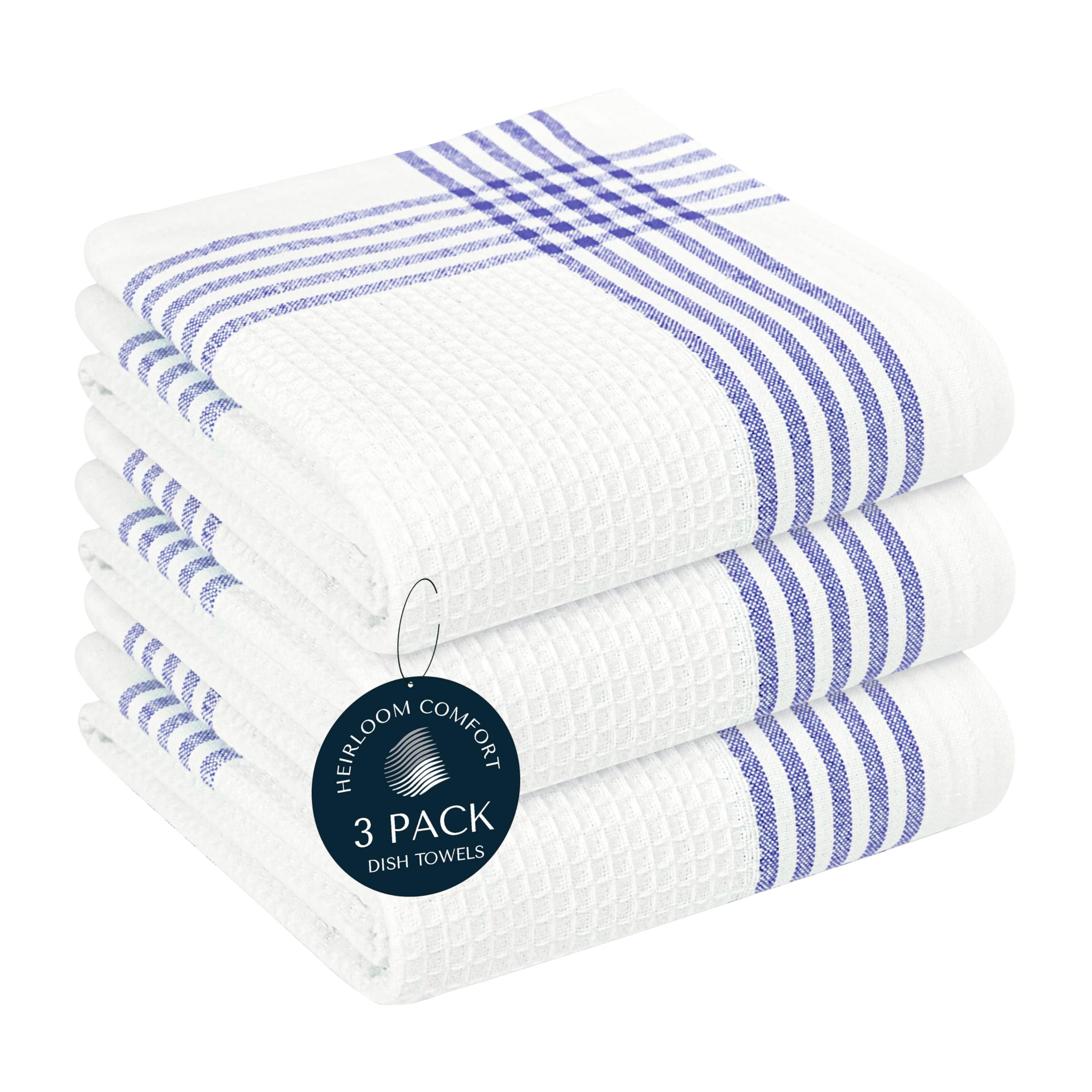 HEIRLOOM COMFORT Indigo Blue and White Waffle Kitchen Towels 3 Pack, 40x66 cm, 100% Cotton, Absorbent & Quick Dry Dish Towels, Soft & Durable Cloths for Cooking, Drying, Cleaning, Machine Washable