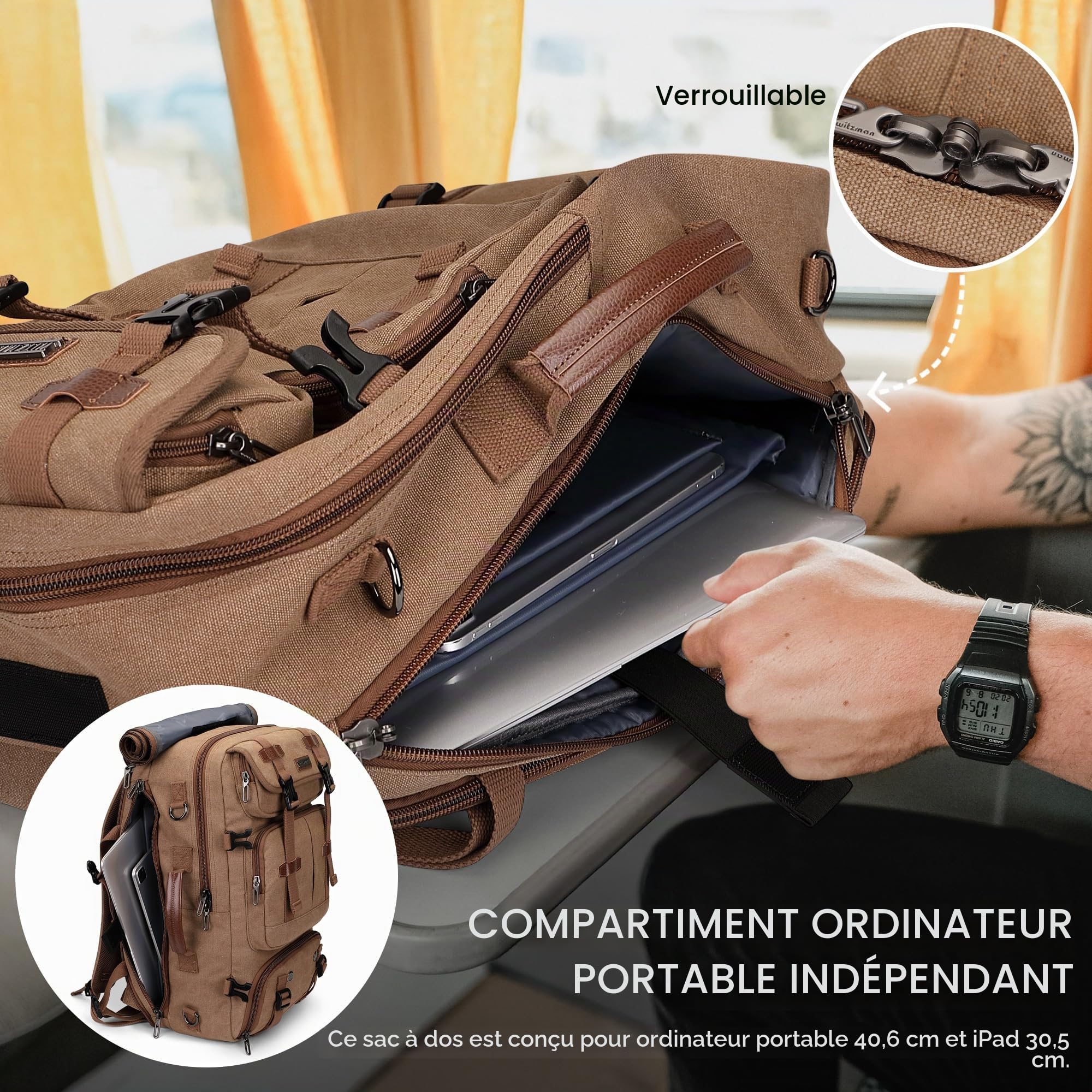 WITZMAN Sac à Dos de Voyage Homme Toile Vintage 40L Convertible 3-en-1 USB