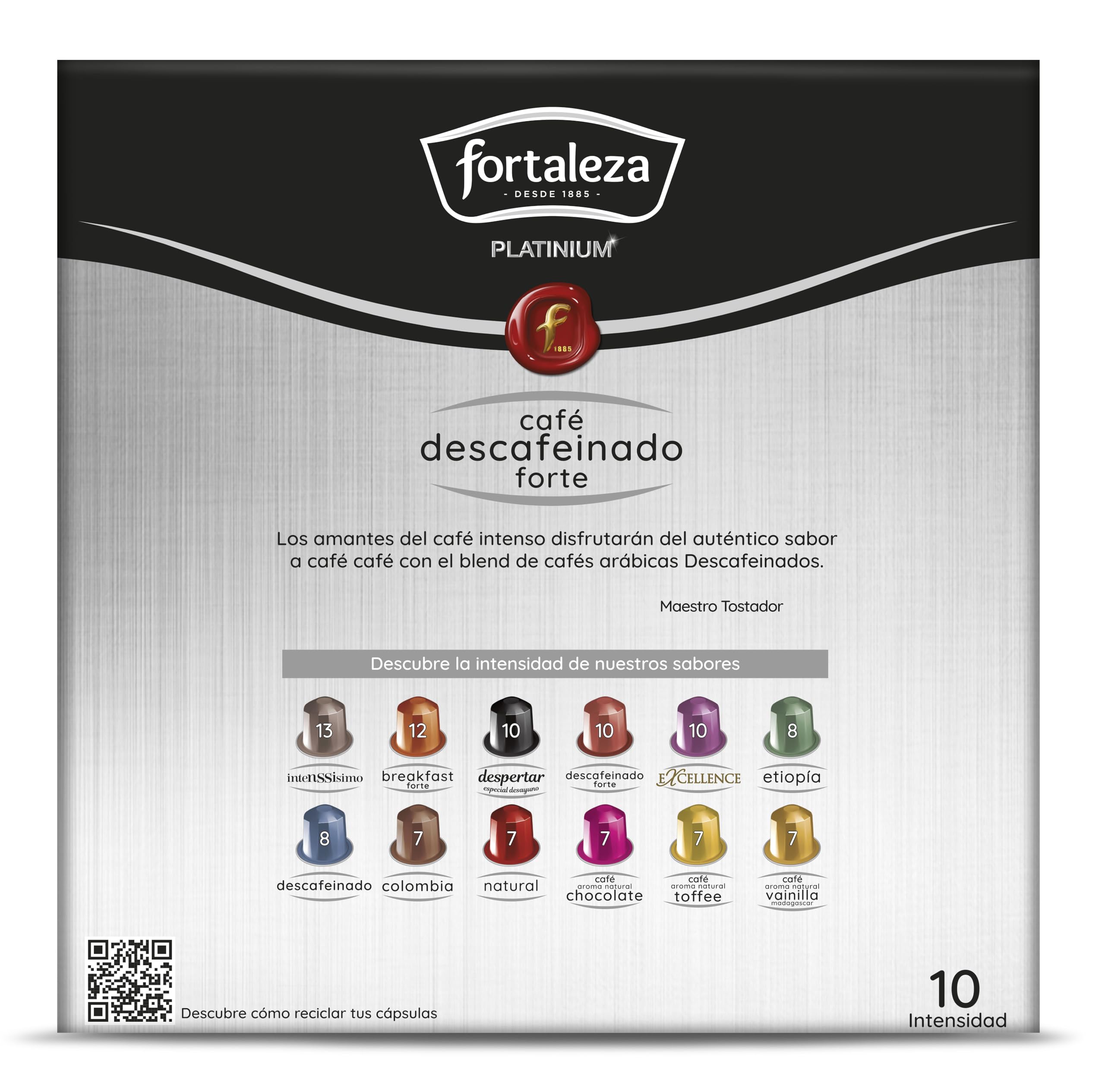 CAFÉ FORTALEZA Cápsulas Aluminio Compatibles con Nespresso Descafeinado Forte Pack 8x20 - Total 160 uds - Cápsulas Café Descafeinado Intenso con Tueste Natural - Cápsulas de Café Reciclables