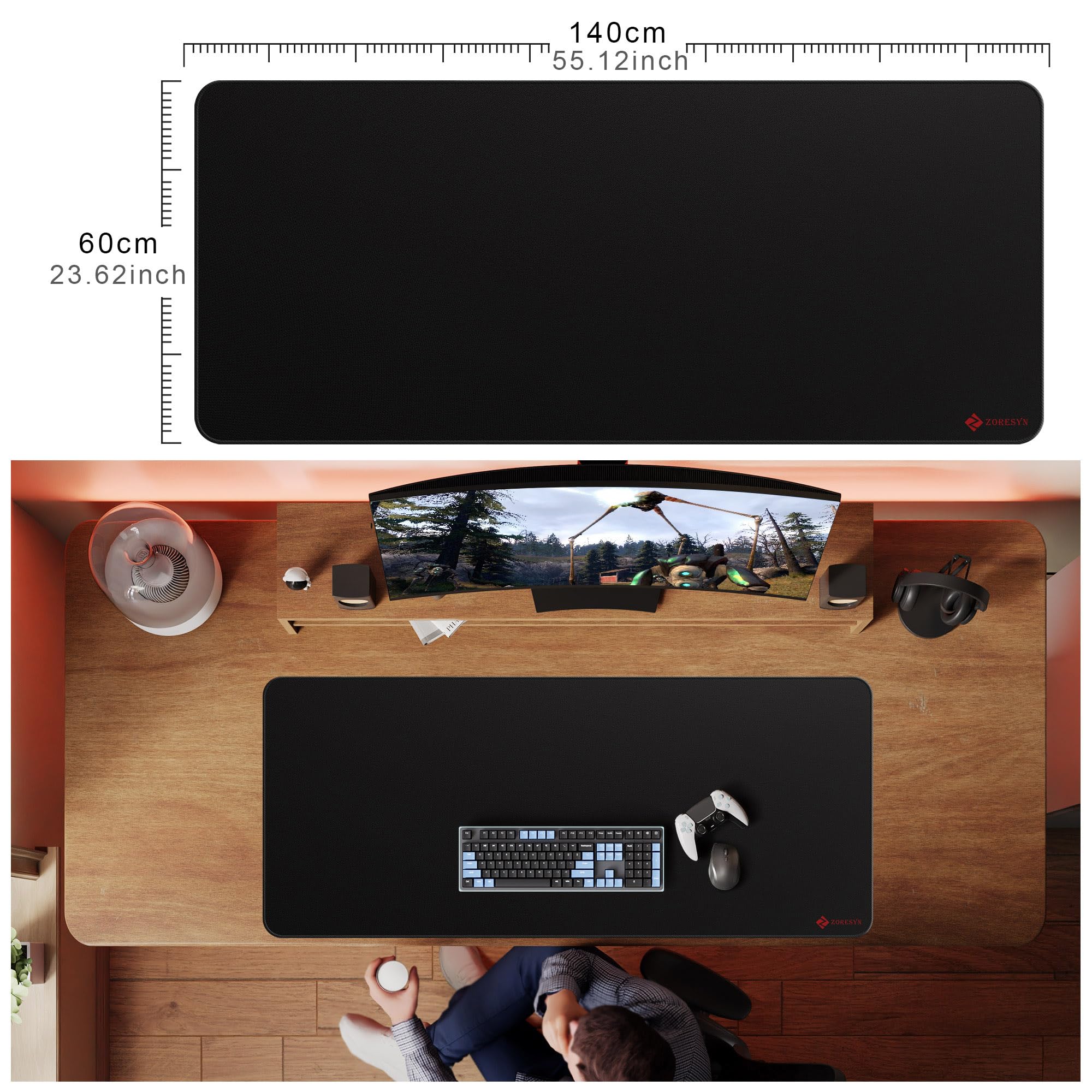 ZORESYN Tappetino per mouse da gioco, 140 x 60 cm, con superficie di precisione, bordo cucito e base antiscivolo per giocatori a bassa sensibilità e postazioni di lavoro multi-dispositivo