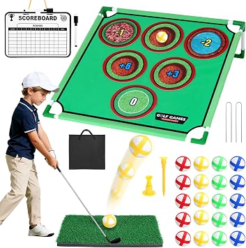 34 Pcs 3-in-1 Battle Golf Game Set with Stand & Club, Jumbo 32" x32 Chipping Game Mat with 20 Sticky Balls, 6 Hole Covers, Indoor Outdoor Backyard Golf Game Kit, Ideal Gift for Family