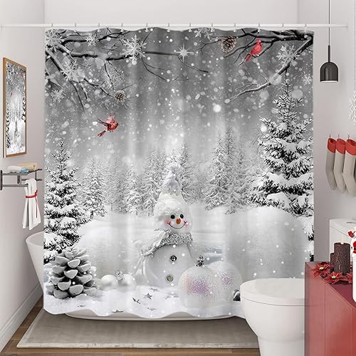 Miniatura 4 de Sanzugh Cortina de ducha de muñeco de nieve de Navidad, juego de cortinas de ducha de tela cardenal de invierno gris para decoración de baño con