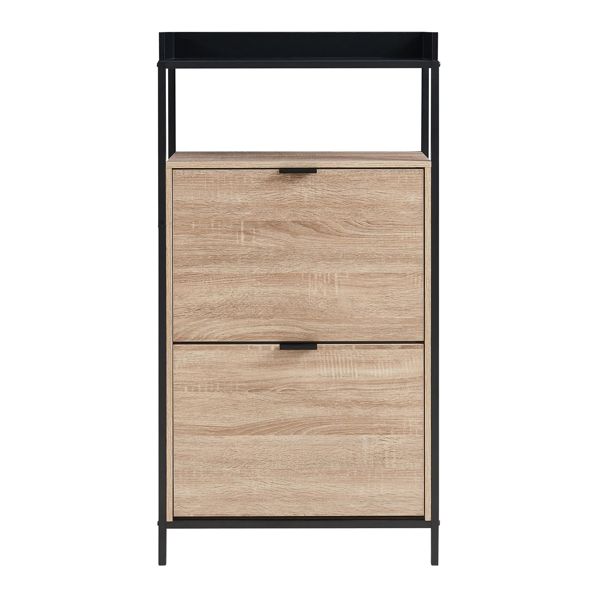 [en.casa] Zapatero Belana Mueble Recibidor con 2 Puertas Abatibles 1 Compartimento Abierto y Estante Superior con Borde para 8-12 Pares de Calzado 116 x 60 x 24 cm - Negro/Efecto Roble