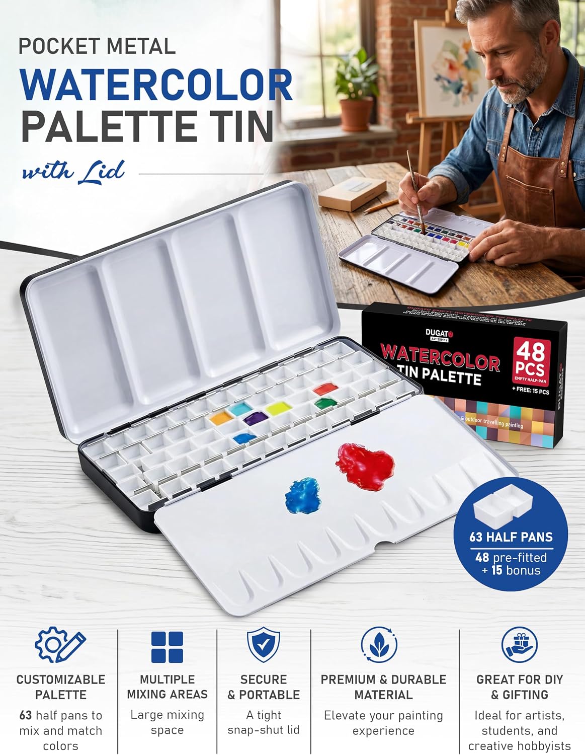 DUGATO Large Empty Watercolor Palette Tin with Lid, Holds 63 Half Pans