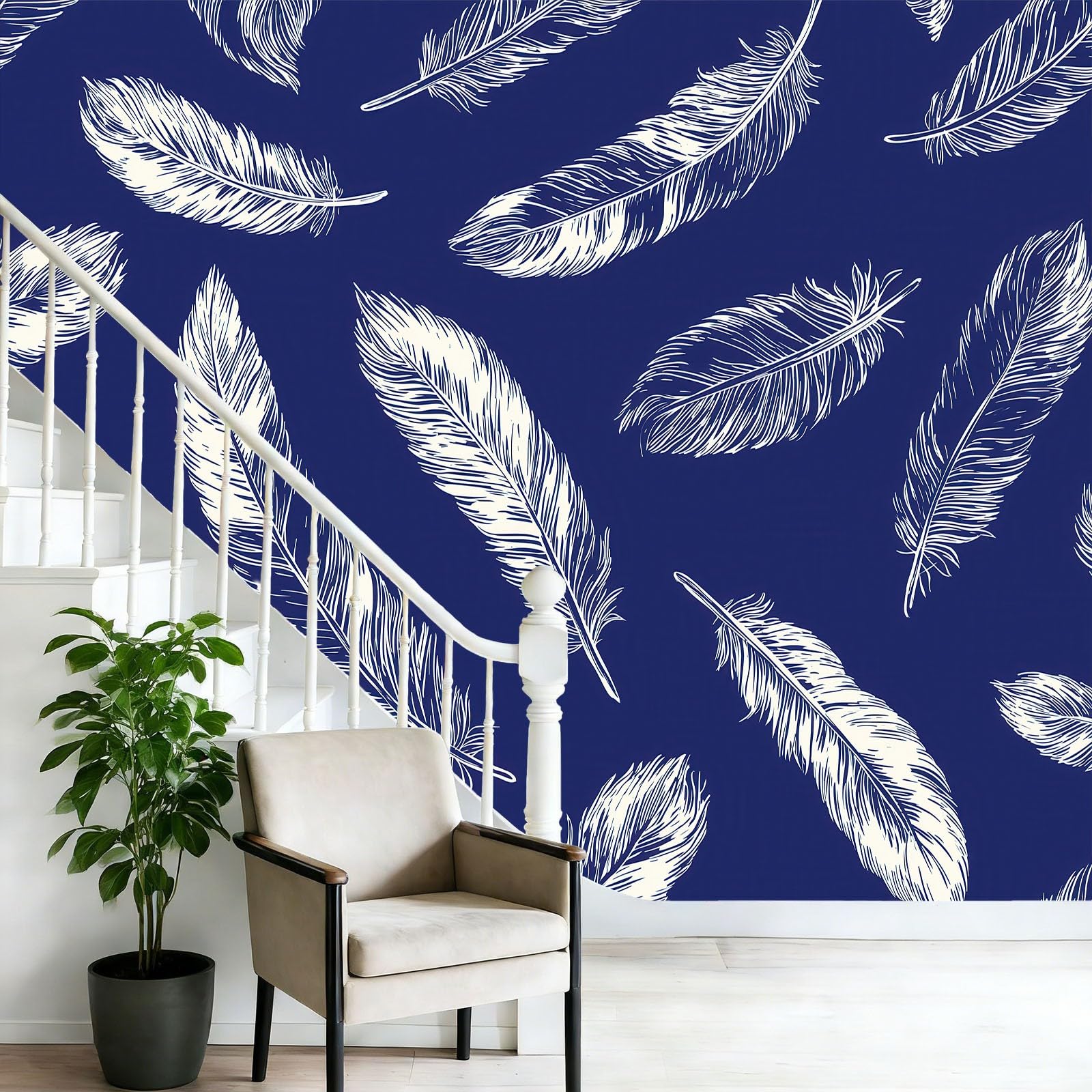 Fototapeta 300 x 210 cm ściany dekoracja salonu projekt minimalizm pióra tekstura do sypialni salonu tapeta z włókniny, granatowy biały