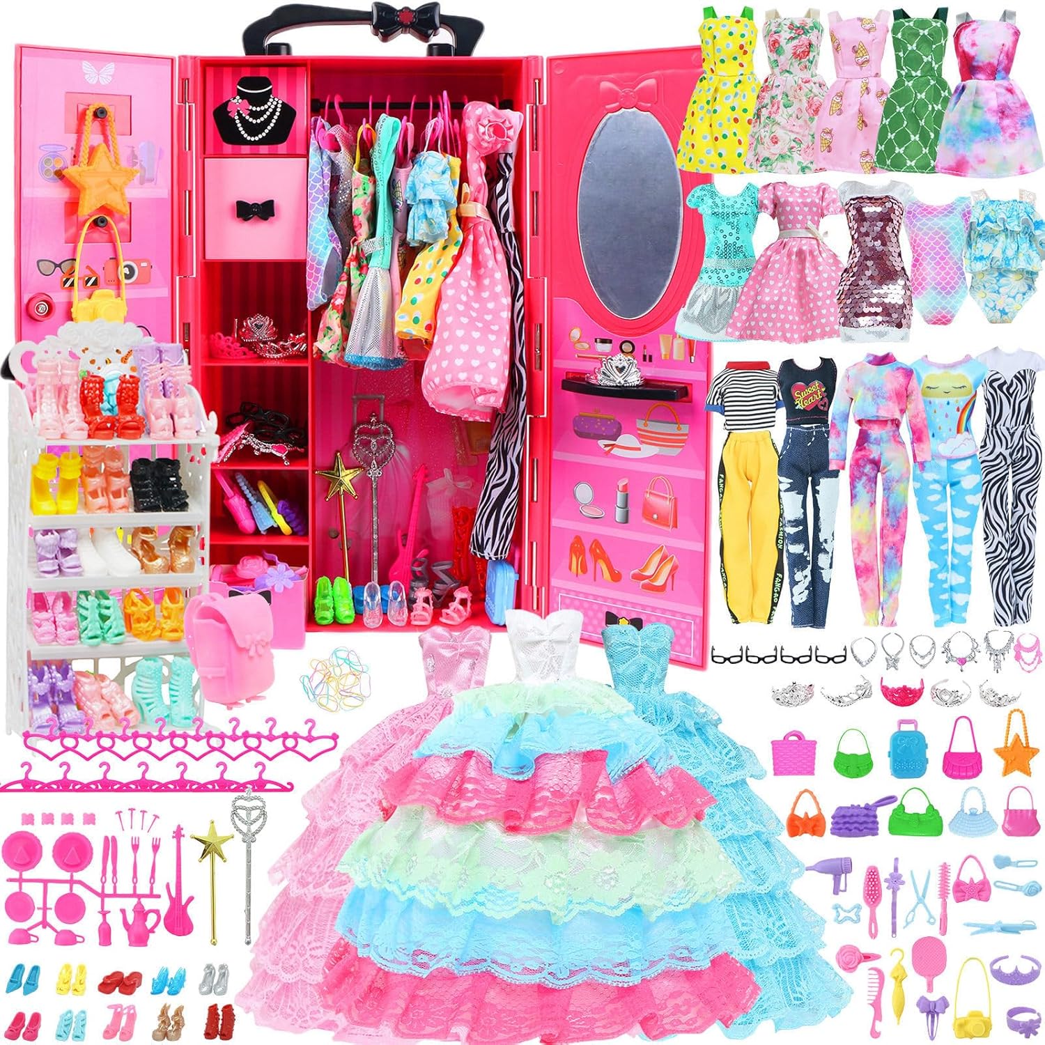 BJDBUS 127+ Pcs Doll Wardrobe with Clothes and Accessories Set for 11.5 Inch Girl Doll, Closet Wedding Gown Fashion Dresses Skirts Tops Pants Outfits Bikini Swimsuits Hangers Shoes Other Stuff